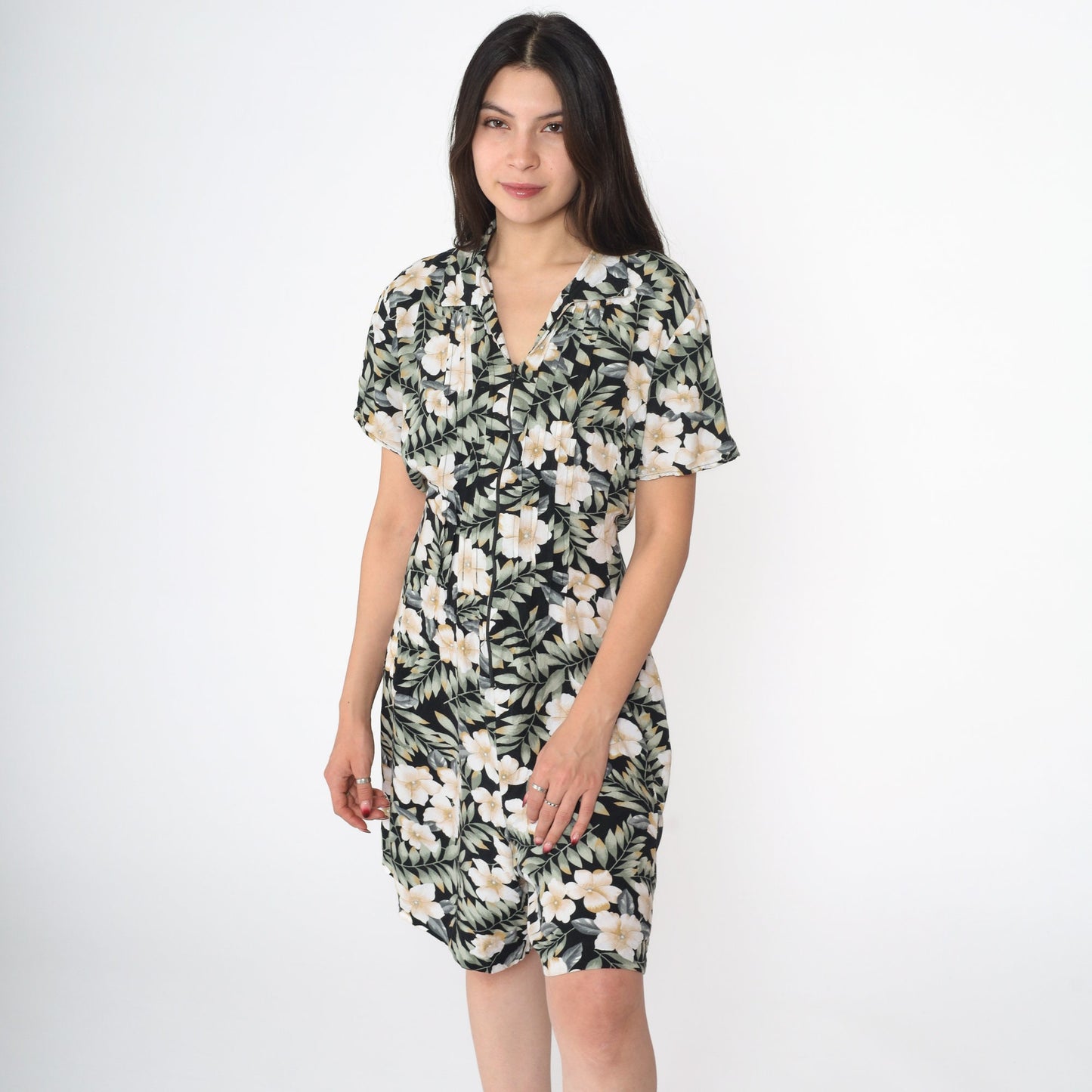 90s Tropical Floral Romper Black Green Wide Leg Playsuit Zip Front Medium