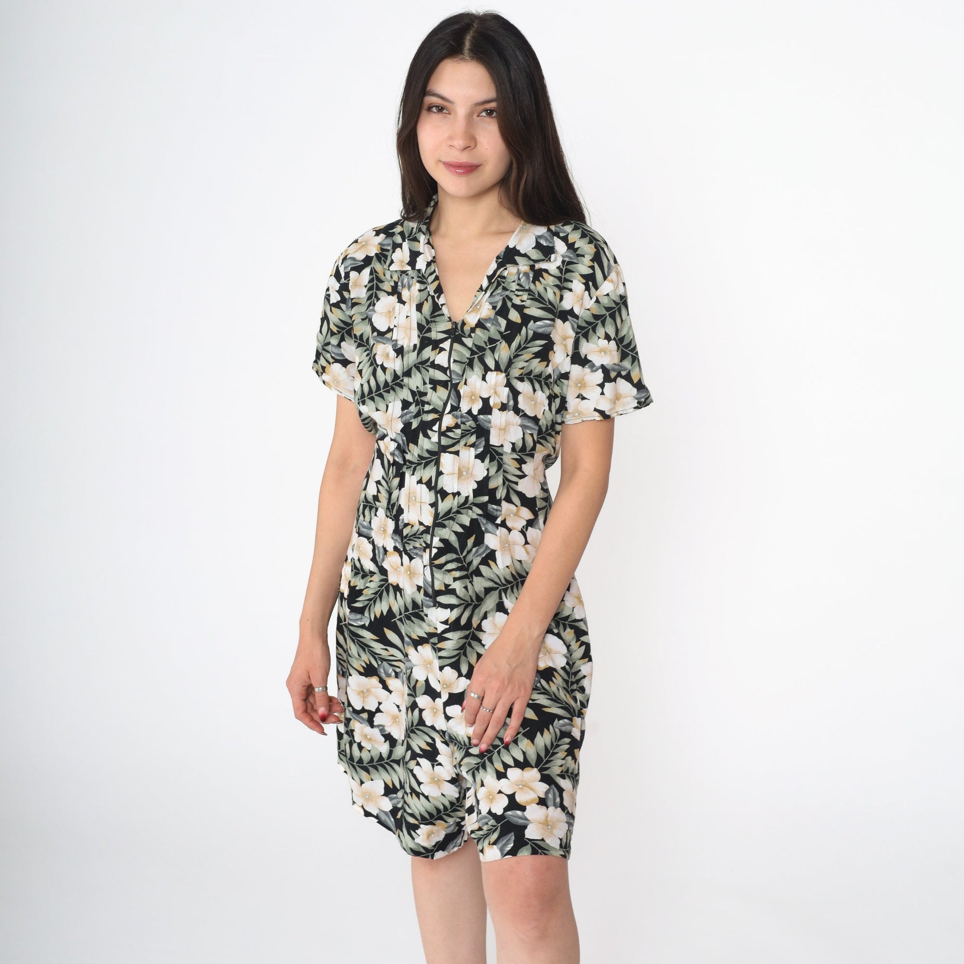 90s Tropical Floral Romper Black Green Wide Leg Playsuit Zip Front Medium