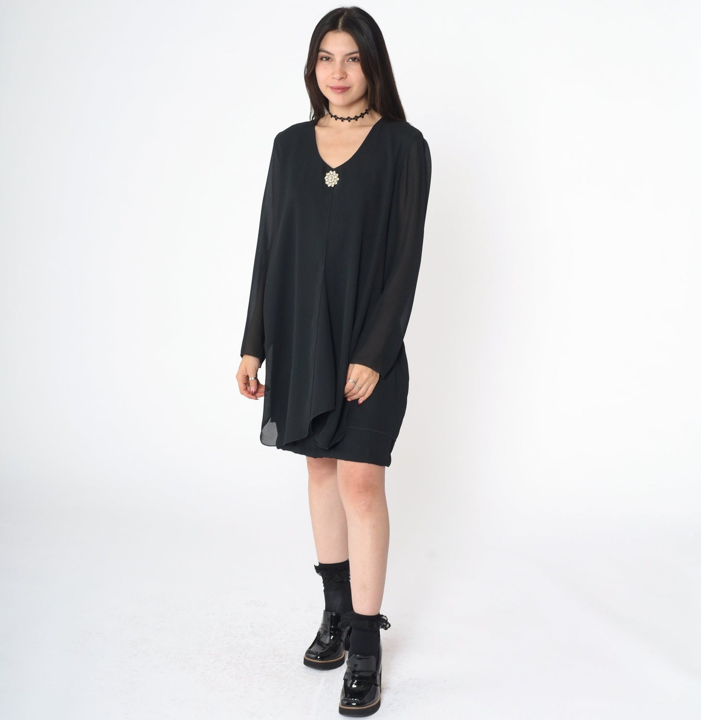 90s Black Chiffon Mini Shift Dress Long Sleeve Pearl Brooch Medium