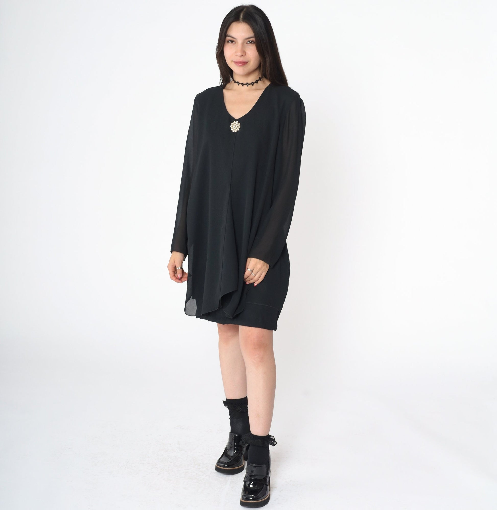 90s Black Chiffon Mini Shift Dress Long Sleeve Pearl Brooch Medium