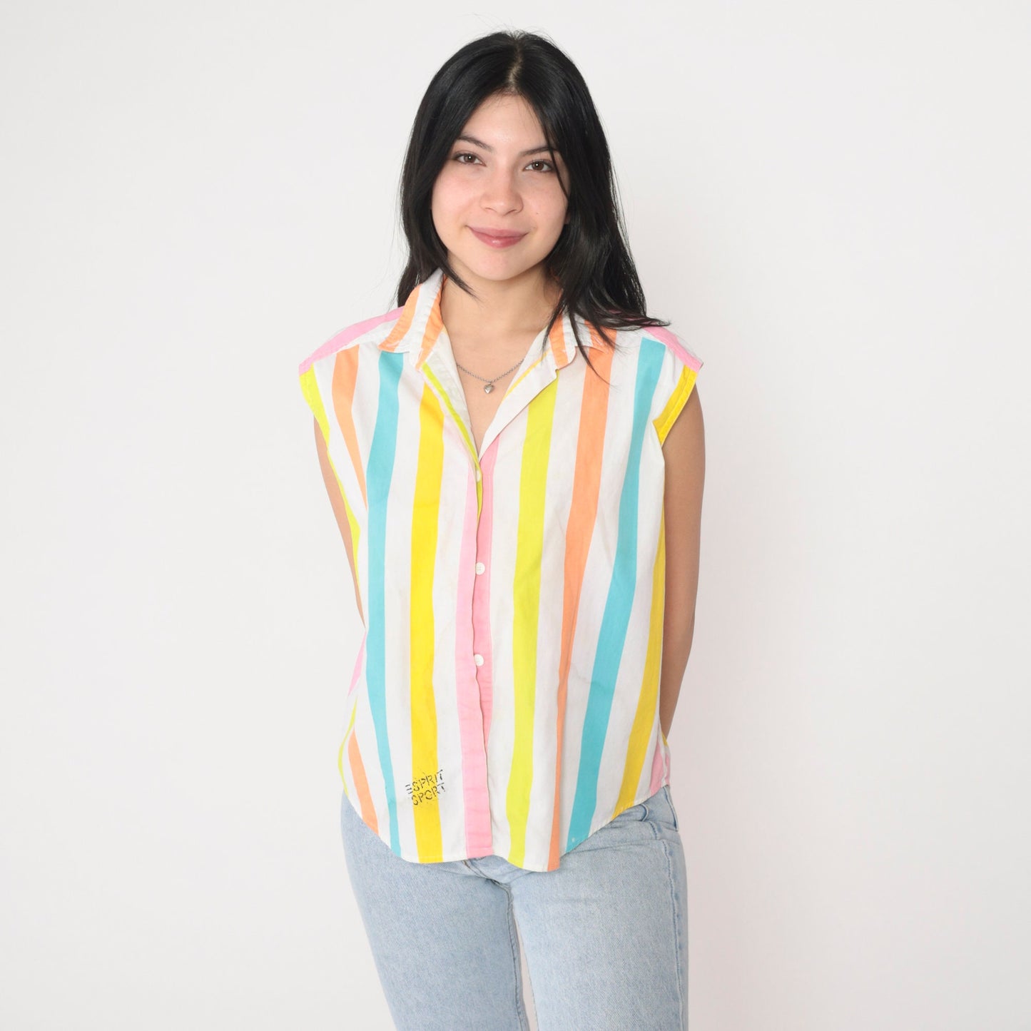 90s Esprit Sport Striped Tank Top Collared Sleeveless Blouse Small S
