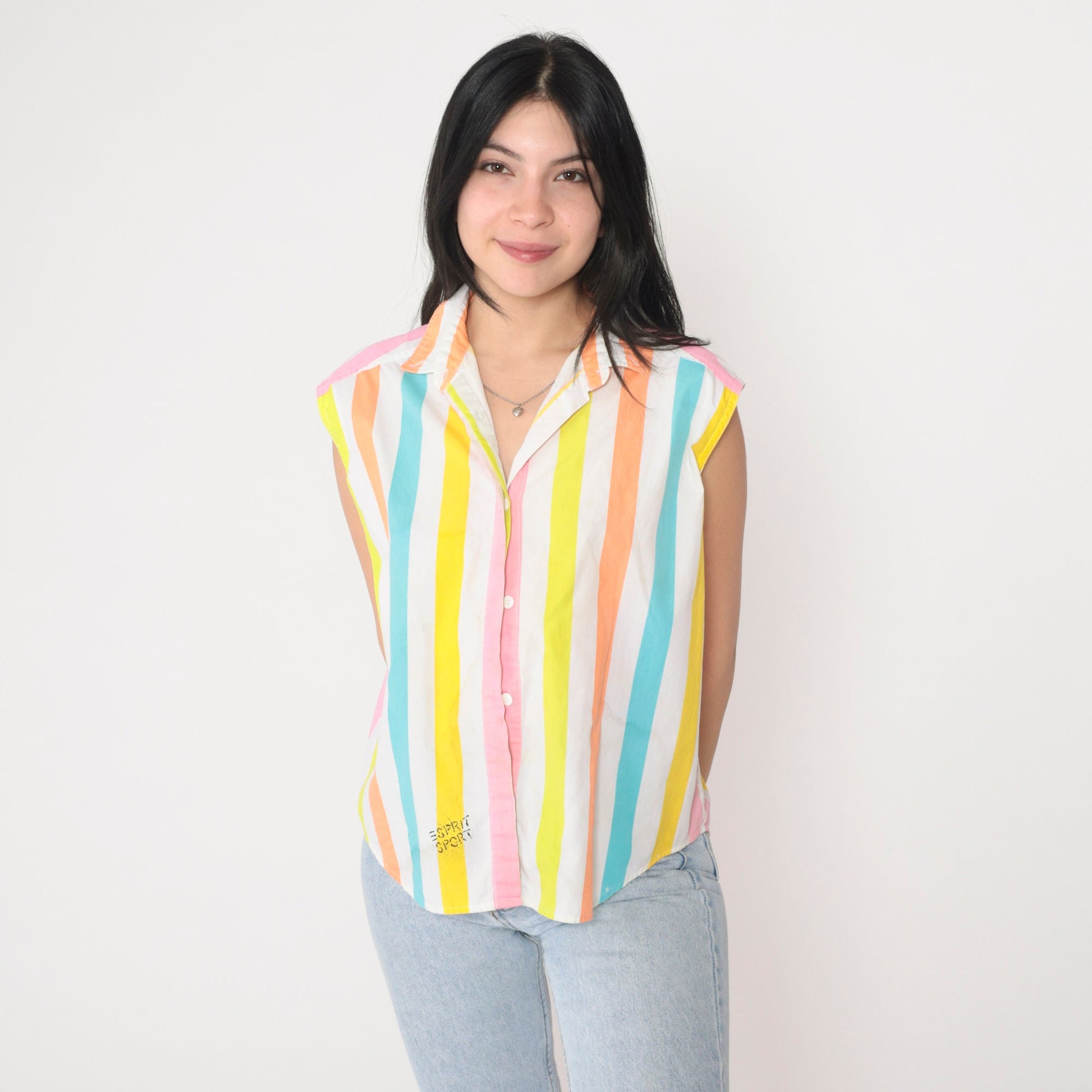 90s Esprit Sport Striped Tank Top Collared Sleeveless Blouse Small S