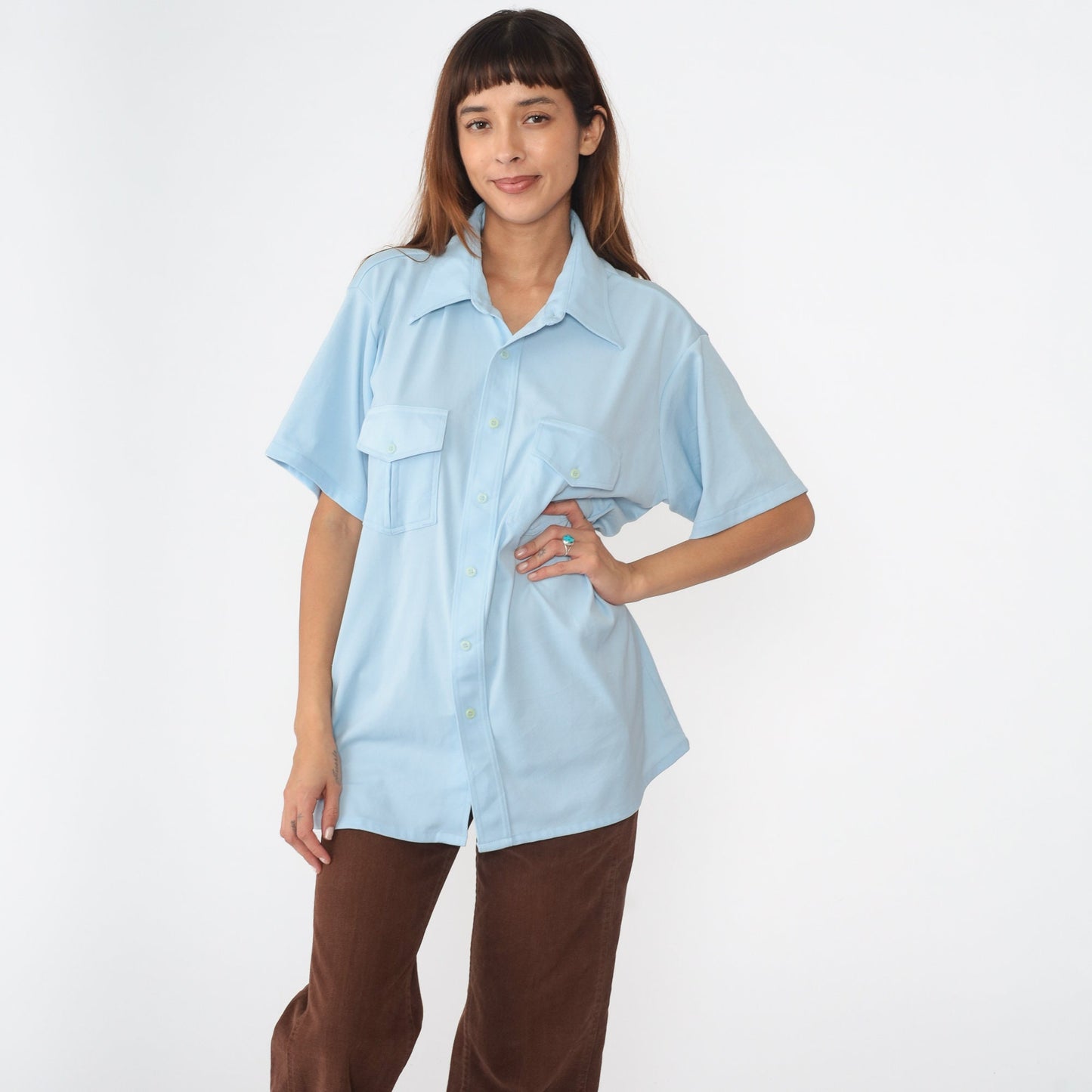 70s Baby Blue Dagger Collar Button-Up Shirt Short Sleeve Extra Large