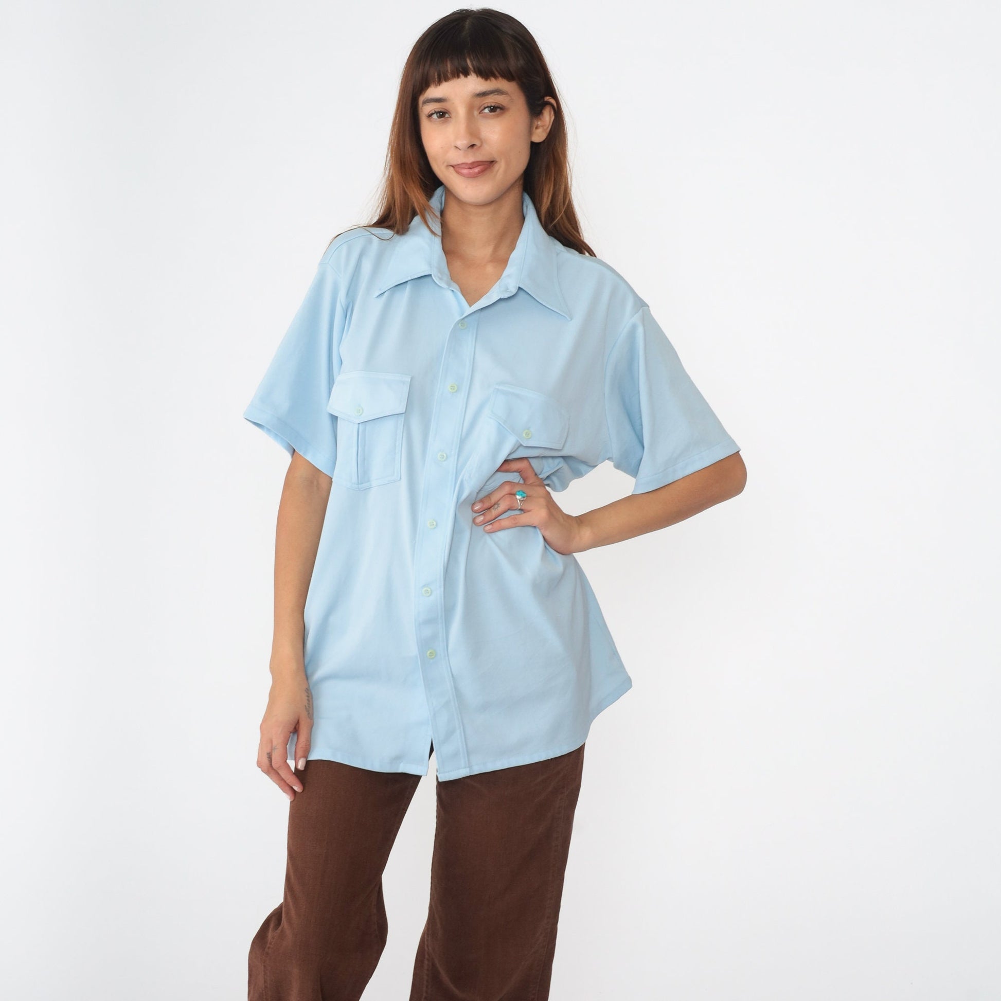70s Baby Blue Dagger Collar Button-Up Shirt Short Sleeve Extra Large
