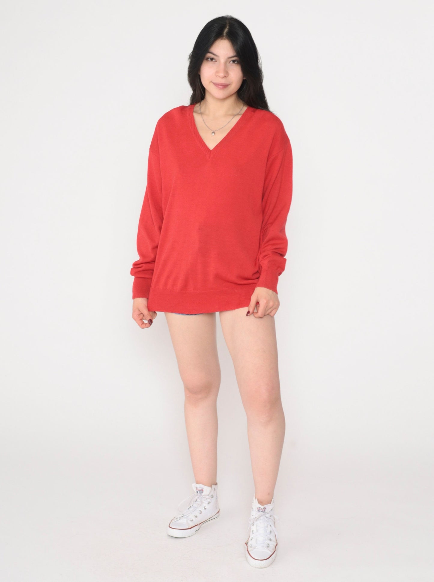 70s Chiemar Red Wool V-Neck Pullover Sweater Medium M