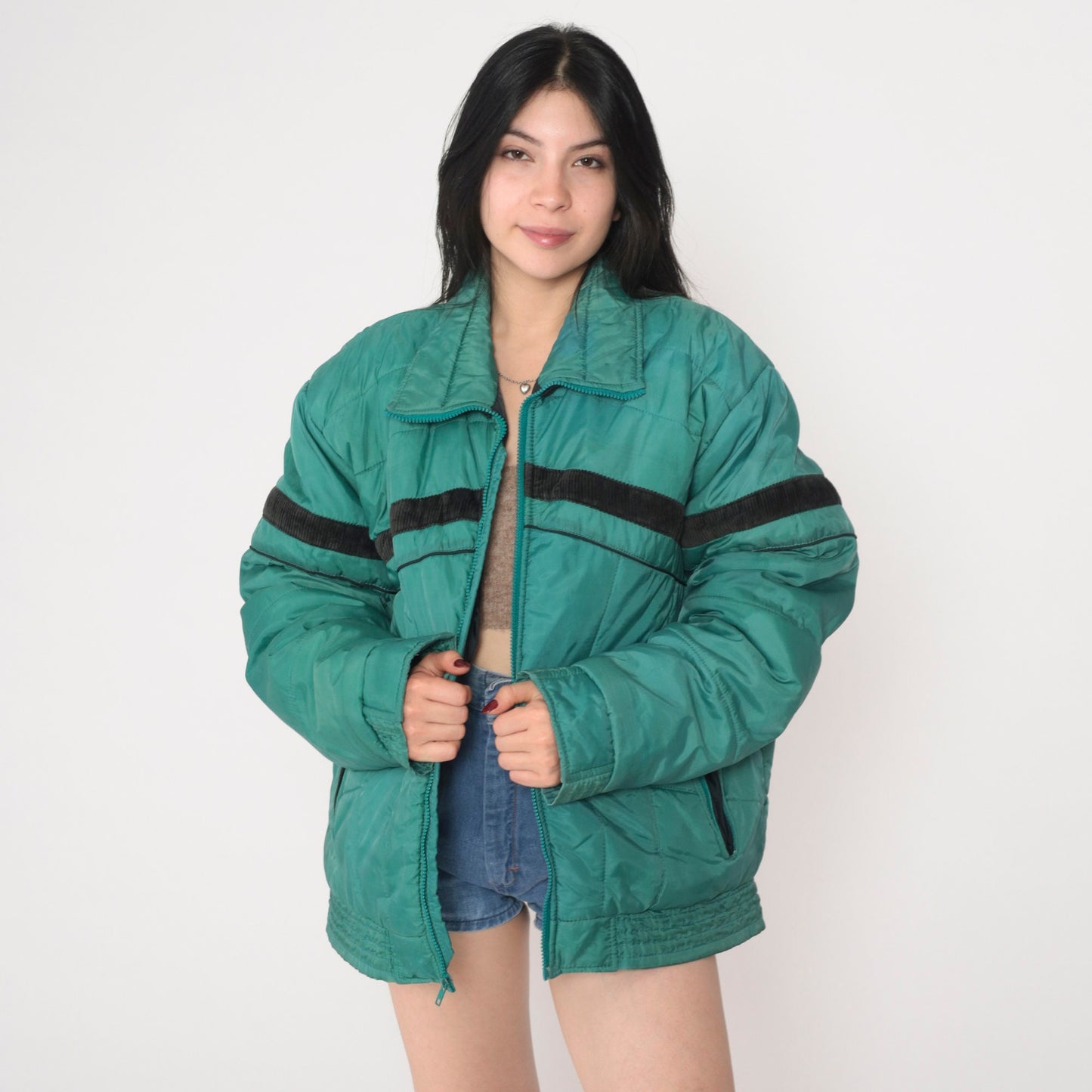 70s Green Puffer Ski Jacket Black Stripe Zip Nylon Insulated Large