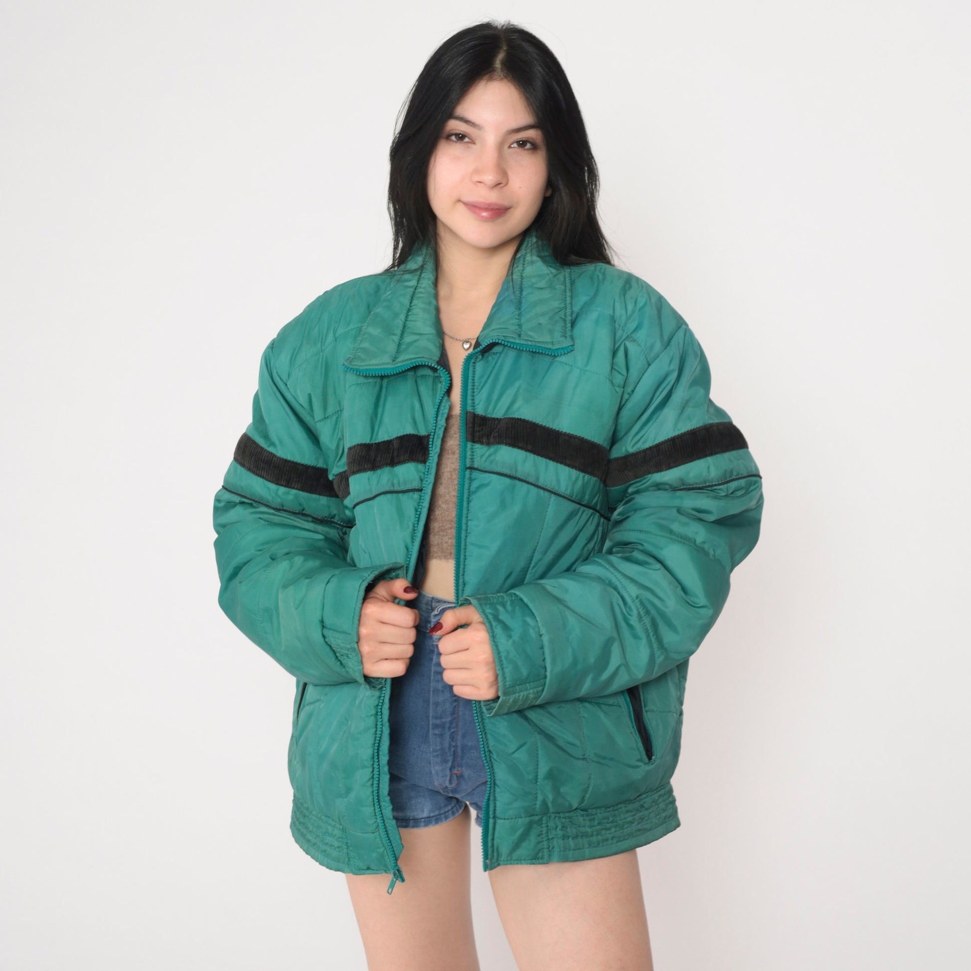 70s Green Puffer Ski Jacket Black Stripe Zip Nylon Insulated Large