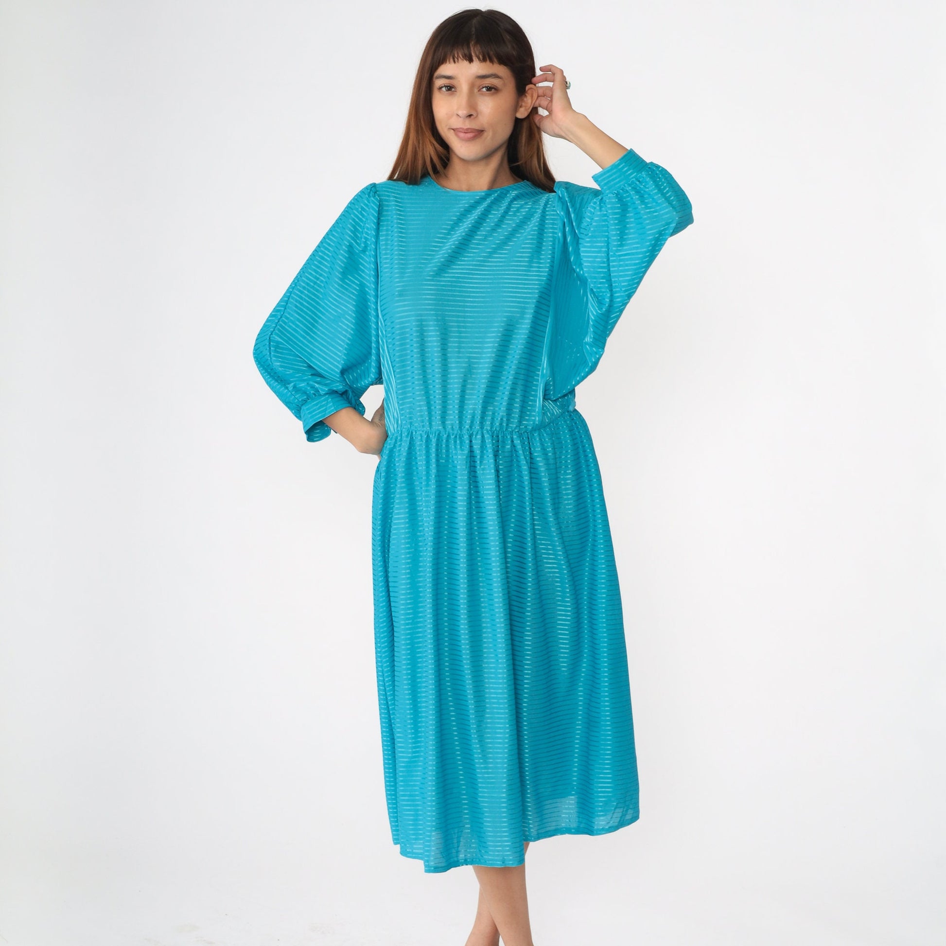80s Turquoise Striped Midi Dress Dolman Sleeve High Waist Large