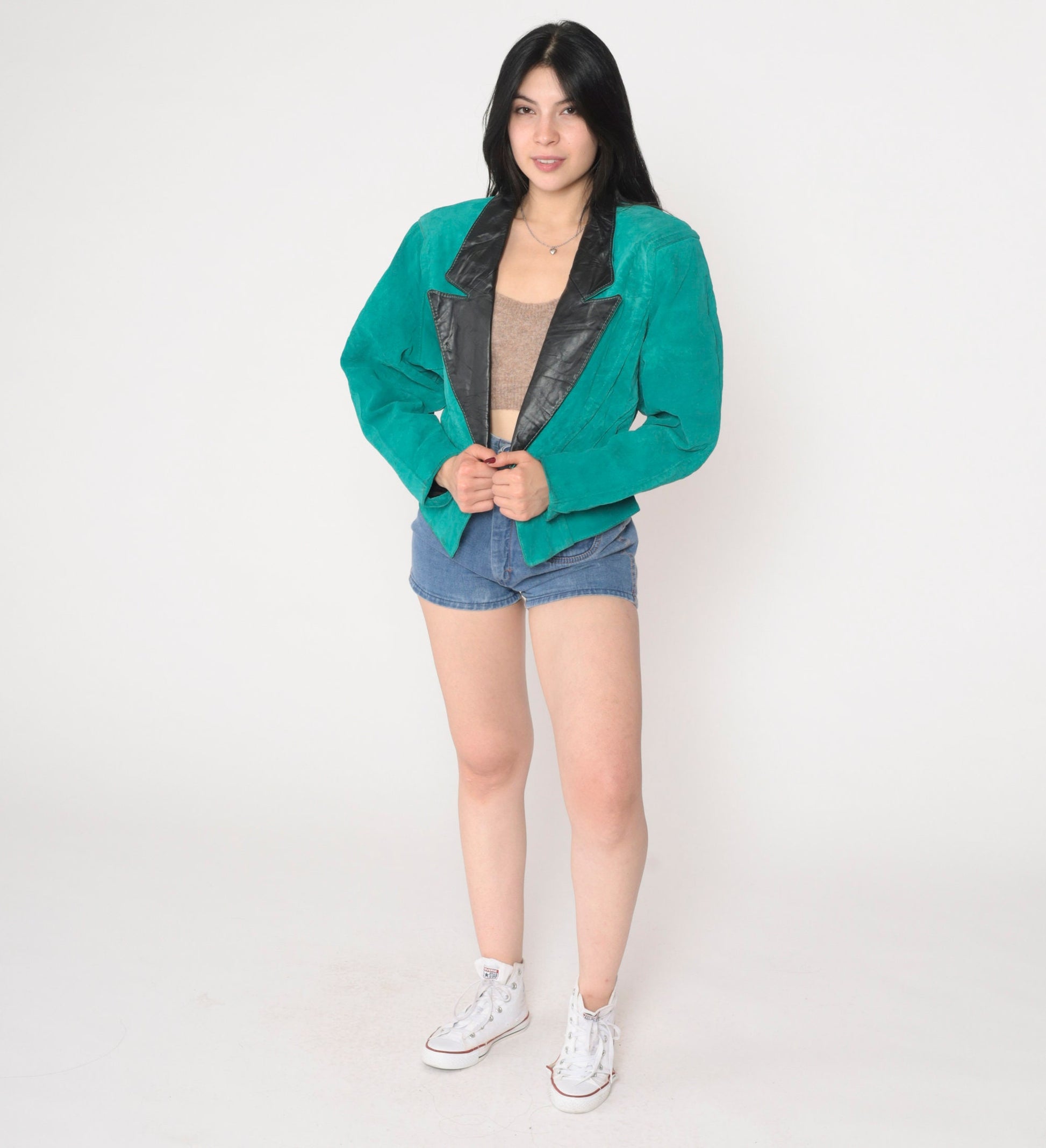 90s Teal Suede Blazer Black Leather Collar Single Button Medium M