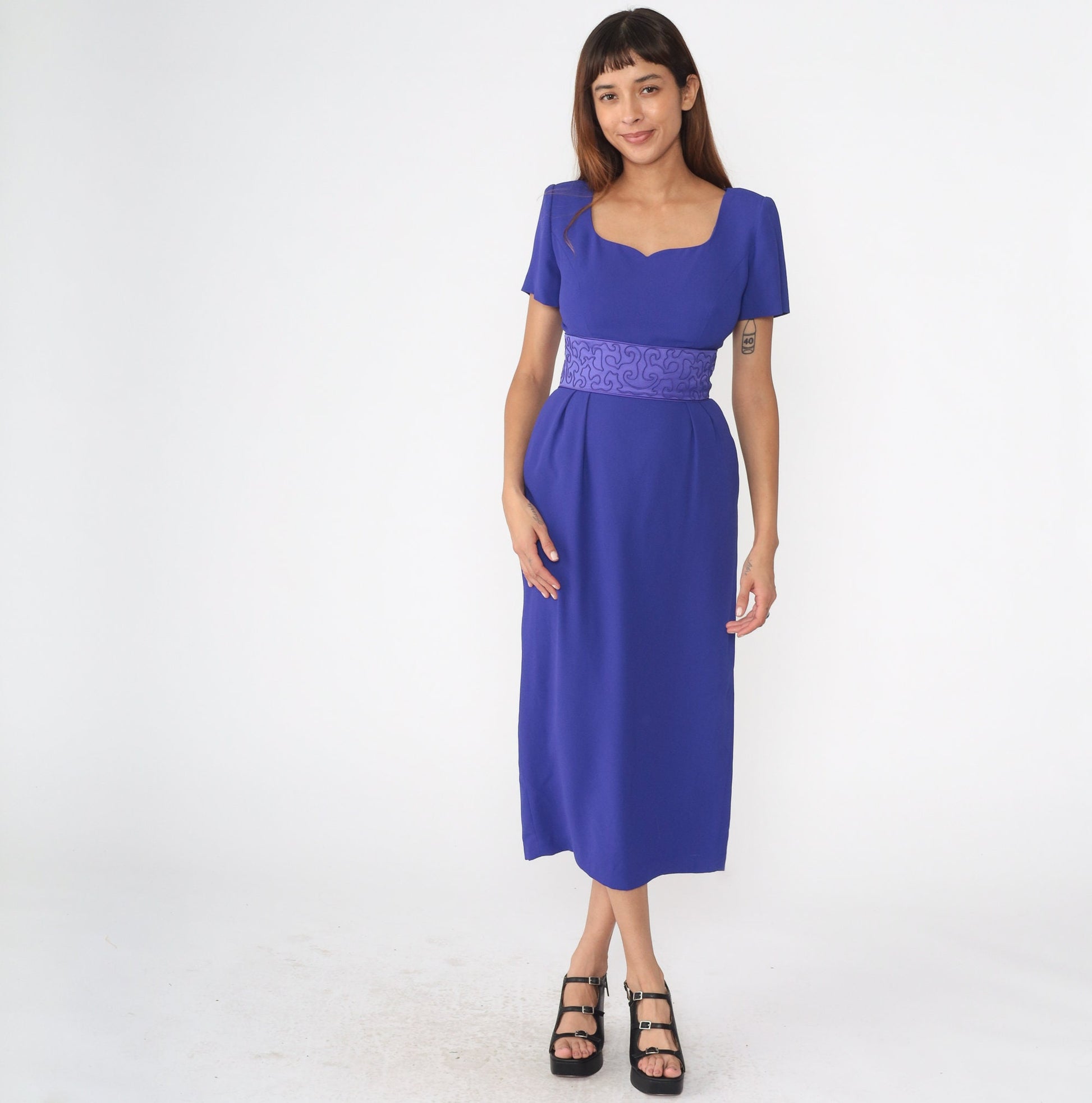 90s Donna Morgan Purple Soutache Midi Sheath Dress Pleated Pencil Small 4