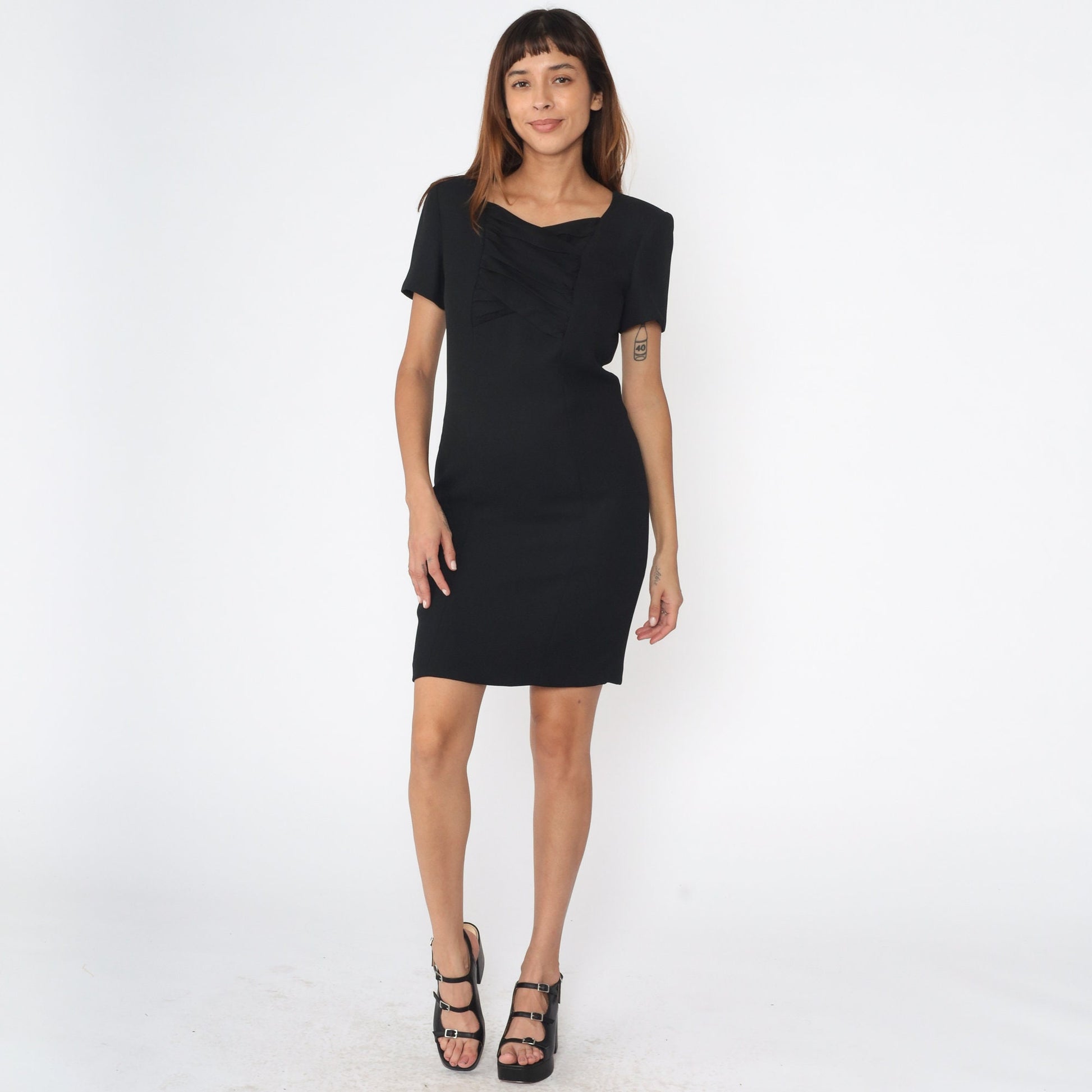 Y2K Black Mini Shift Dress Criss-Cross Bodice Short Sleeve Small 4P