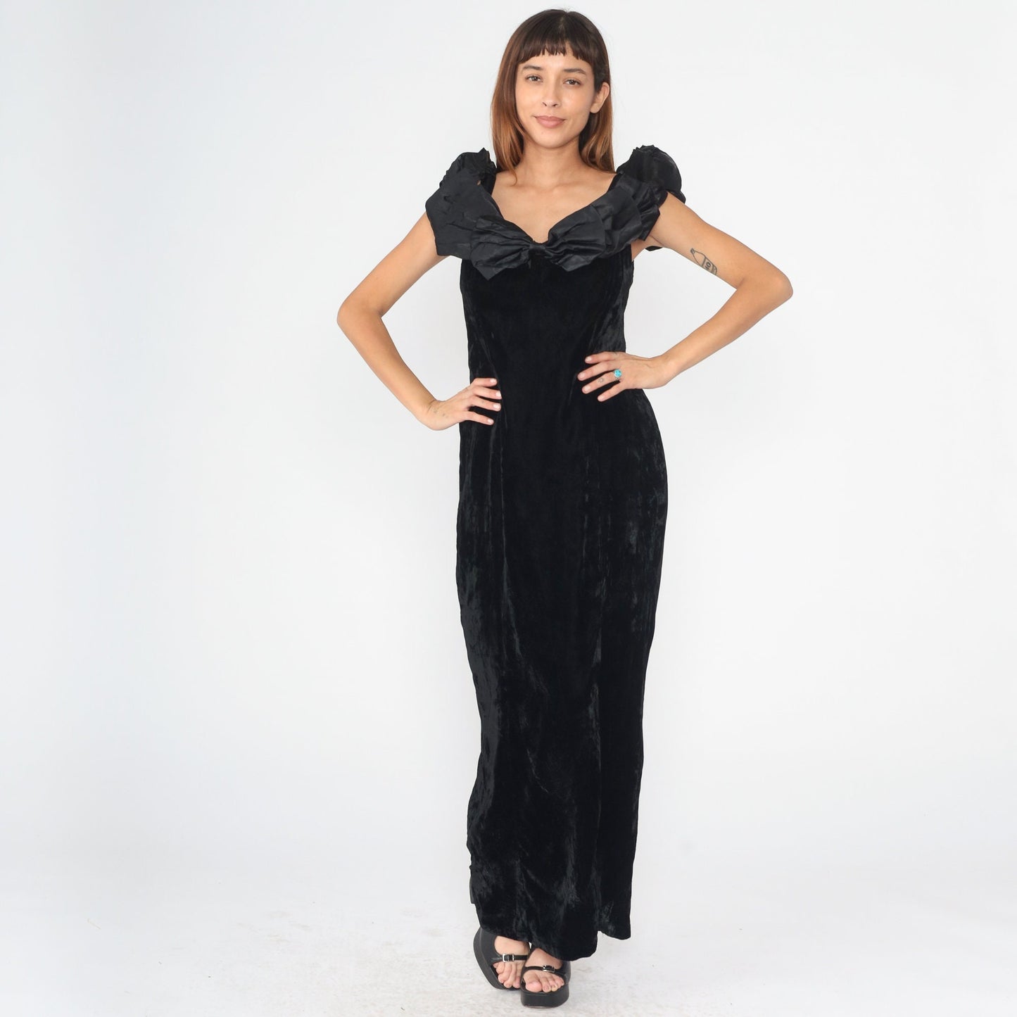 90s Black Velvet Maxi Dress Bow High Slit Sleeveless Evening Gown Large
