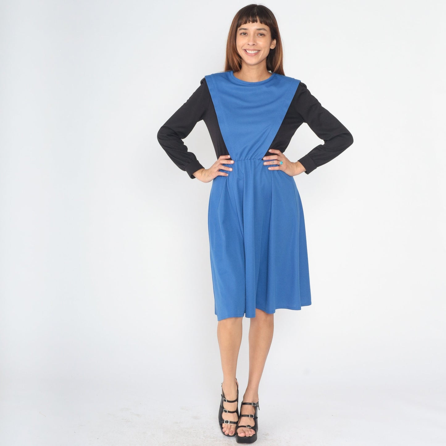 80s Color Block Midi Dress Black Blue High Waist Long Sleeve Small