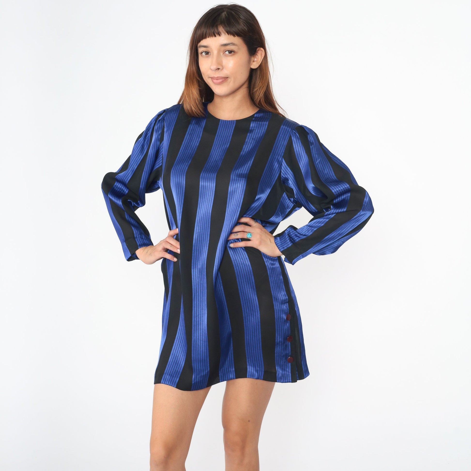 80s Shiny Blue Black Striped Shift Dress Puff Sleeve Side Buttons Large