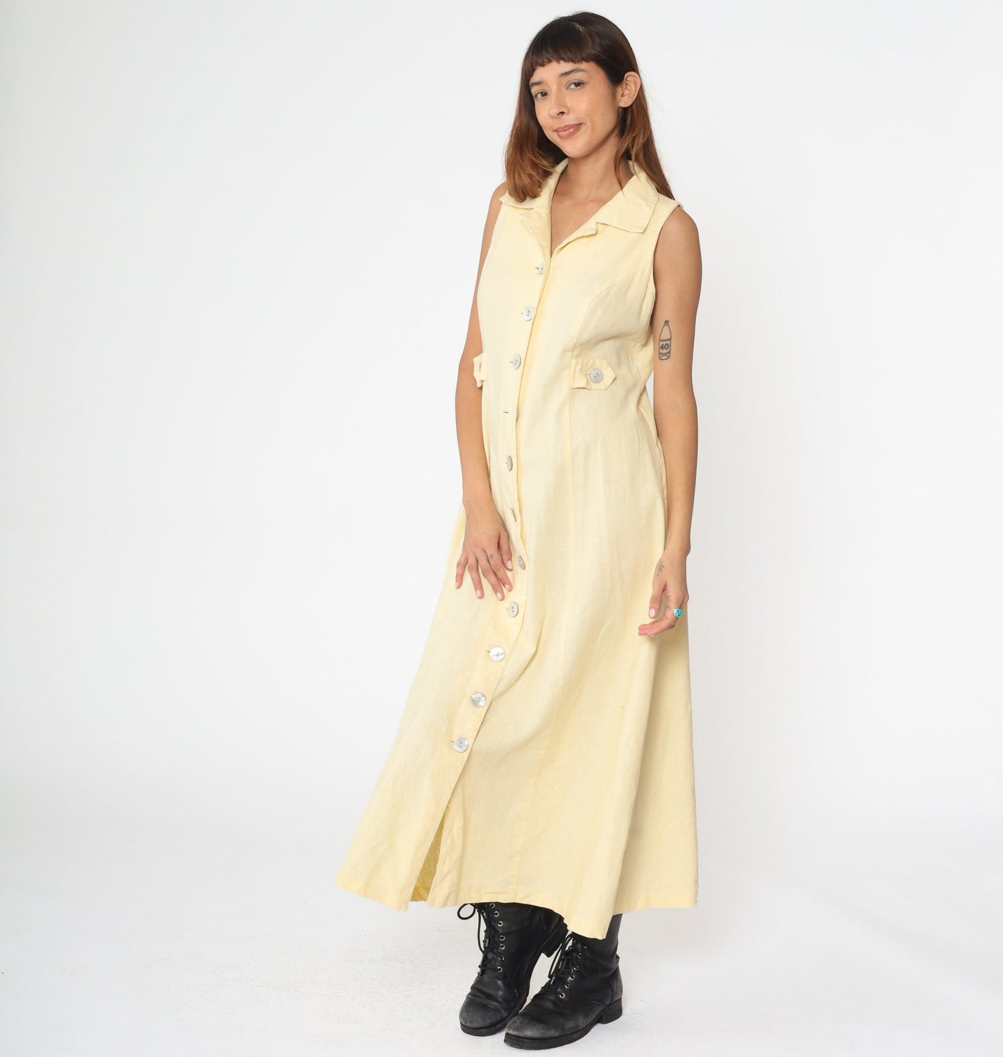 90s Pale Yellow Linen Midi Dress Keyhole Back Button-Up Sleeveless Large