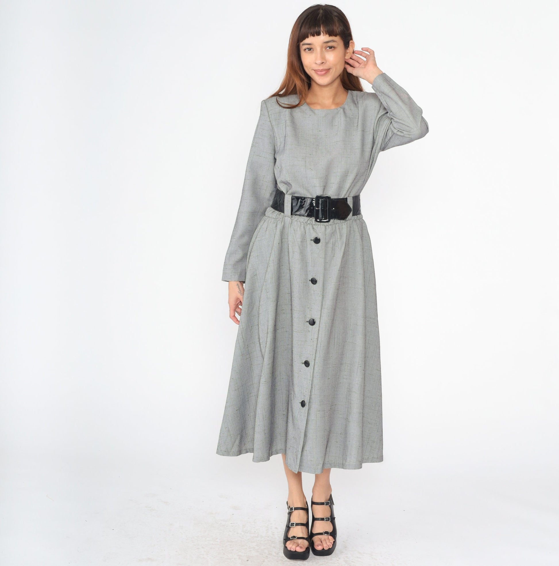 90s Black White Checkered Midi Dress High Waist Long Sleeve Button Front Large