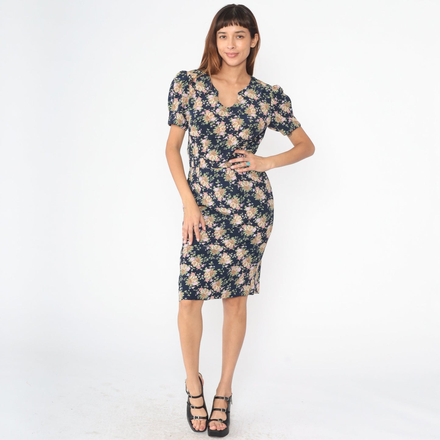 80s Navy Floral Puff Sleeve Dress U-Neck Sheath Midi Medium 8