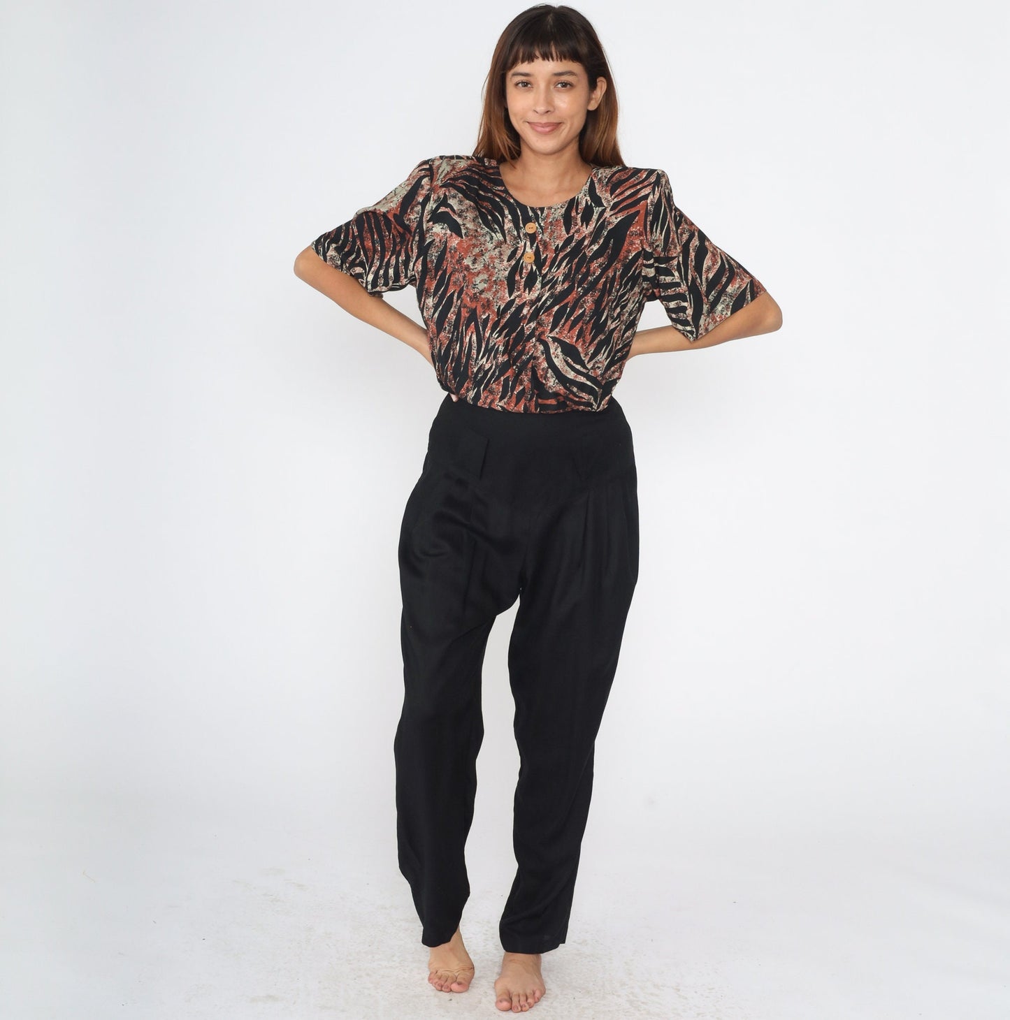 90s Zebra Print Jumpsuit Black Basque Waist Tapered Leg Short Sleeve Medium