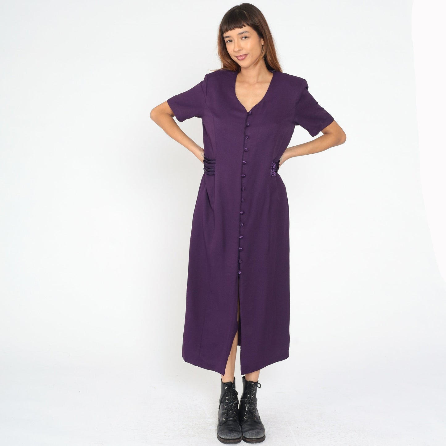 90s Dark Purple Maxi Shirtdress Button Front V Neck Princess Seam Large L