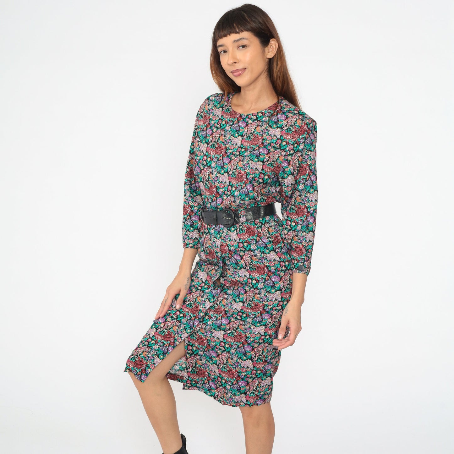 80s Katie Petites Floral Midi Dress Long Sleeve Button Back Black Belt Small