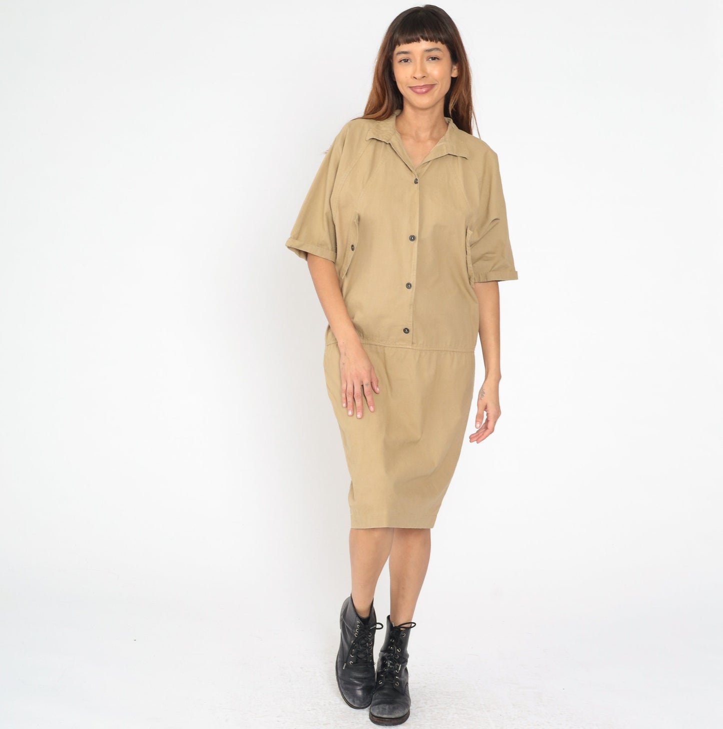 80s Khaki Cargo Shirt Dress Button-Up Raglan Midi Sheath Medium