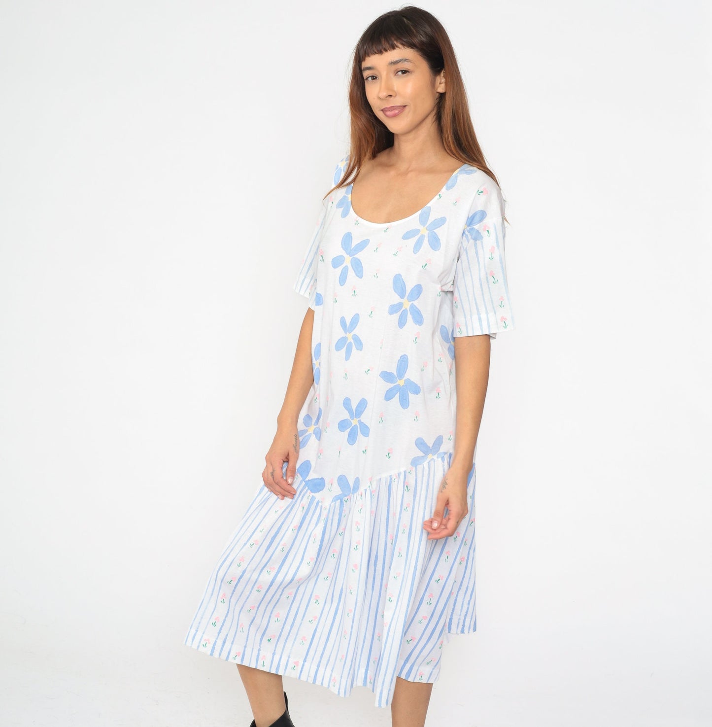 90s Periwinkle Floral Striped Midi Dress Shift Waist Short Sleeve Medium Large
