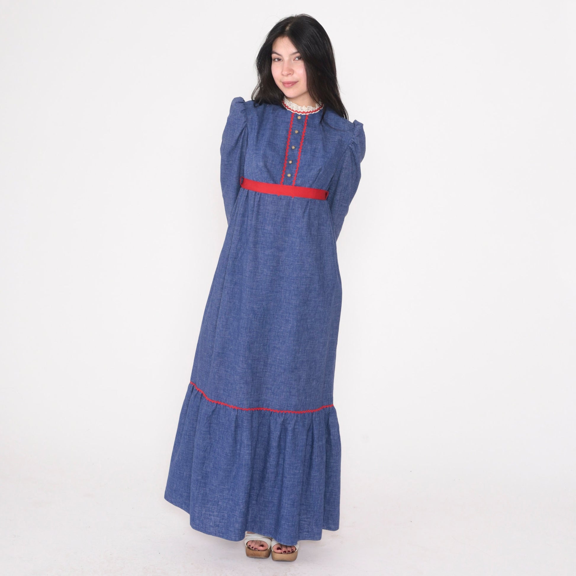 70s Prairie Maxi Dress Blue Red Lace Trim Puff Sleeve Empire Waist Extra Small