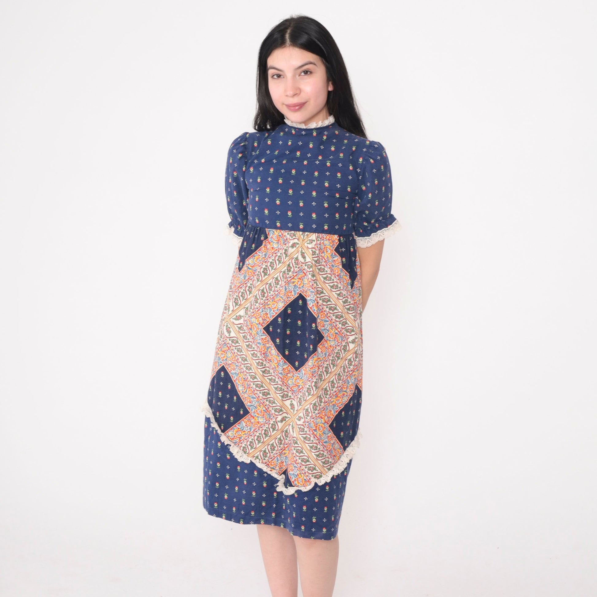 70s Arlene Airess Babydoll Dress Blue Calico Floral Puff Sleeve Mini XXS