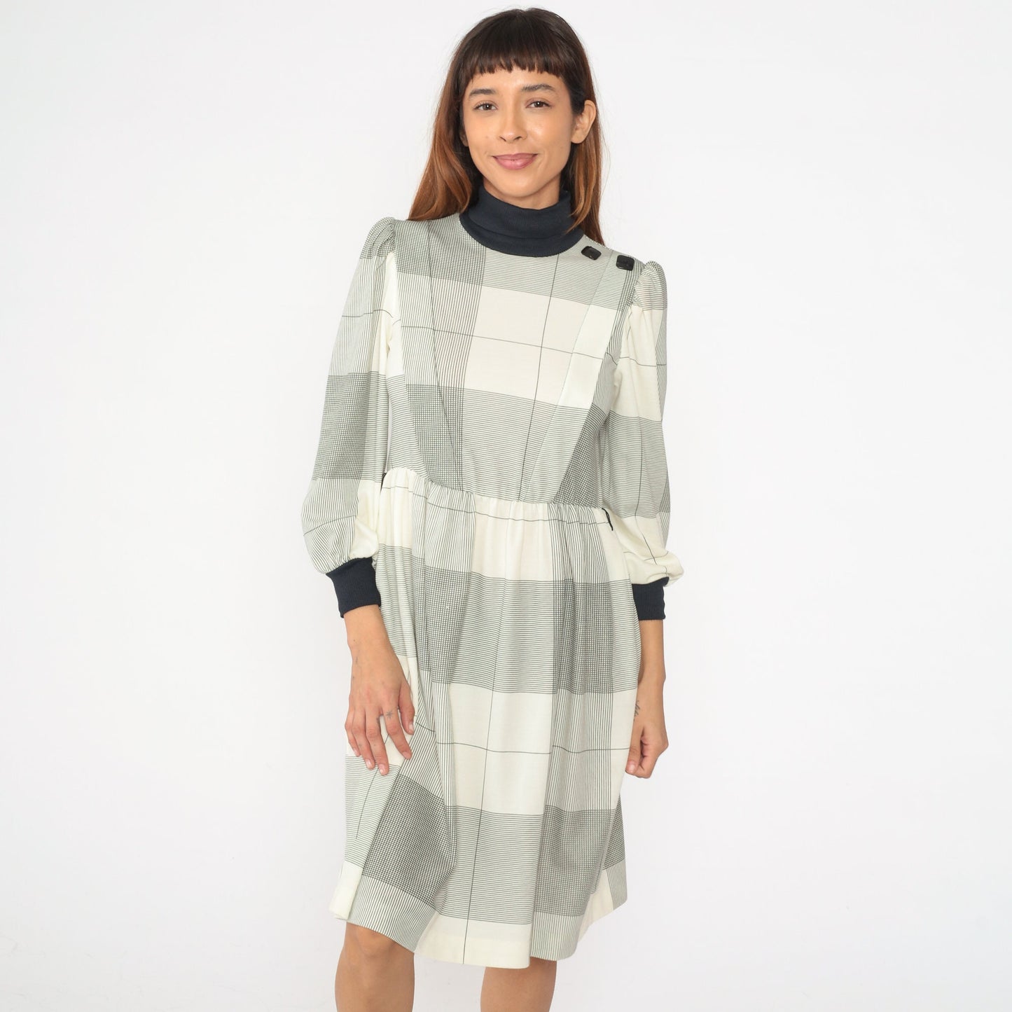 80s Cream Black Checkered Midi Dress Puff Sleeve Turtleneck Small Petite