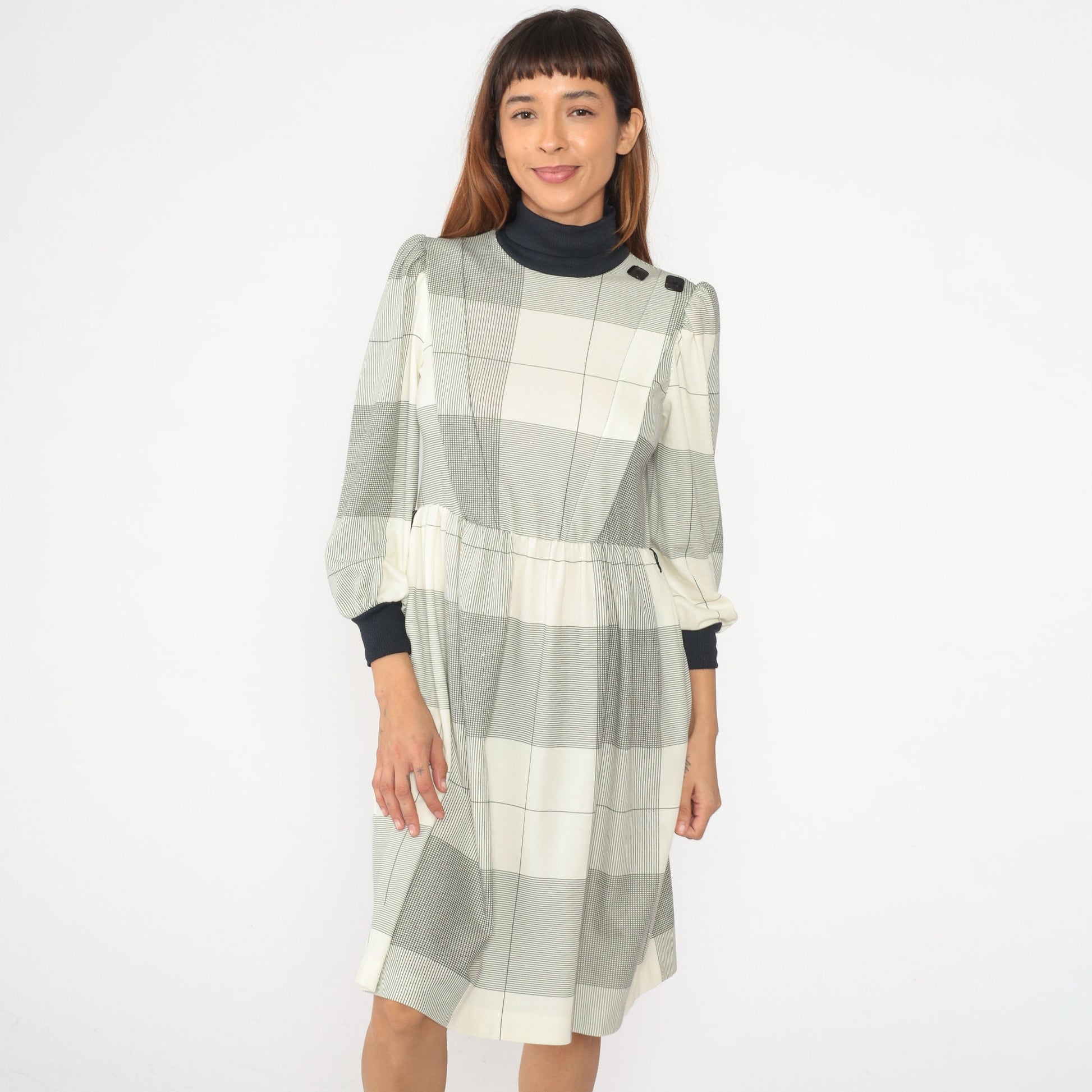 80s Cream Black Checkered Midi Dress Puff Sleeve Turtleneck Small Petite