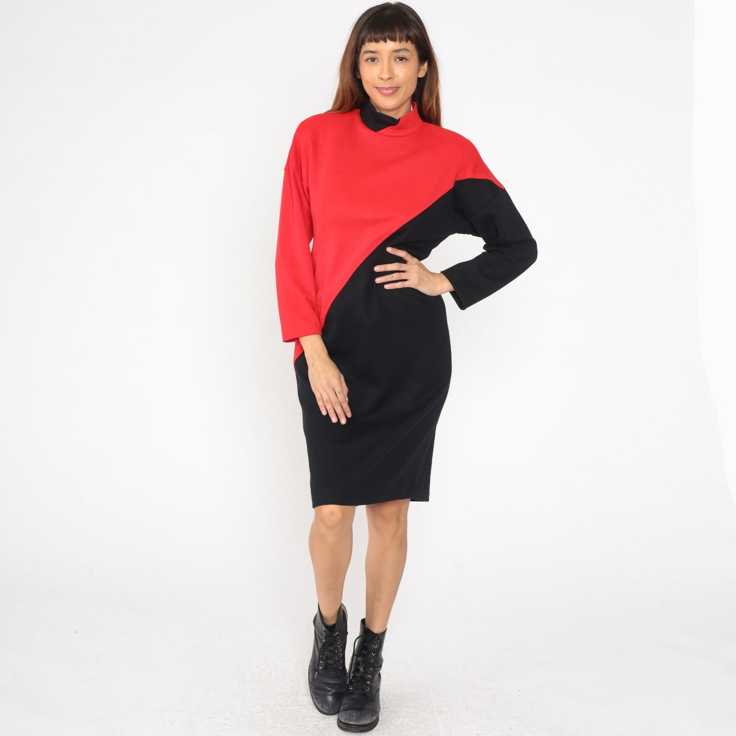 80s Color Block Dress Red Black Mock Neck Sheath Midi Long Sleeve Medium