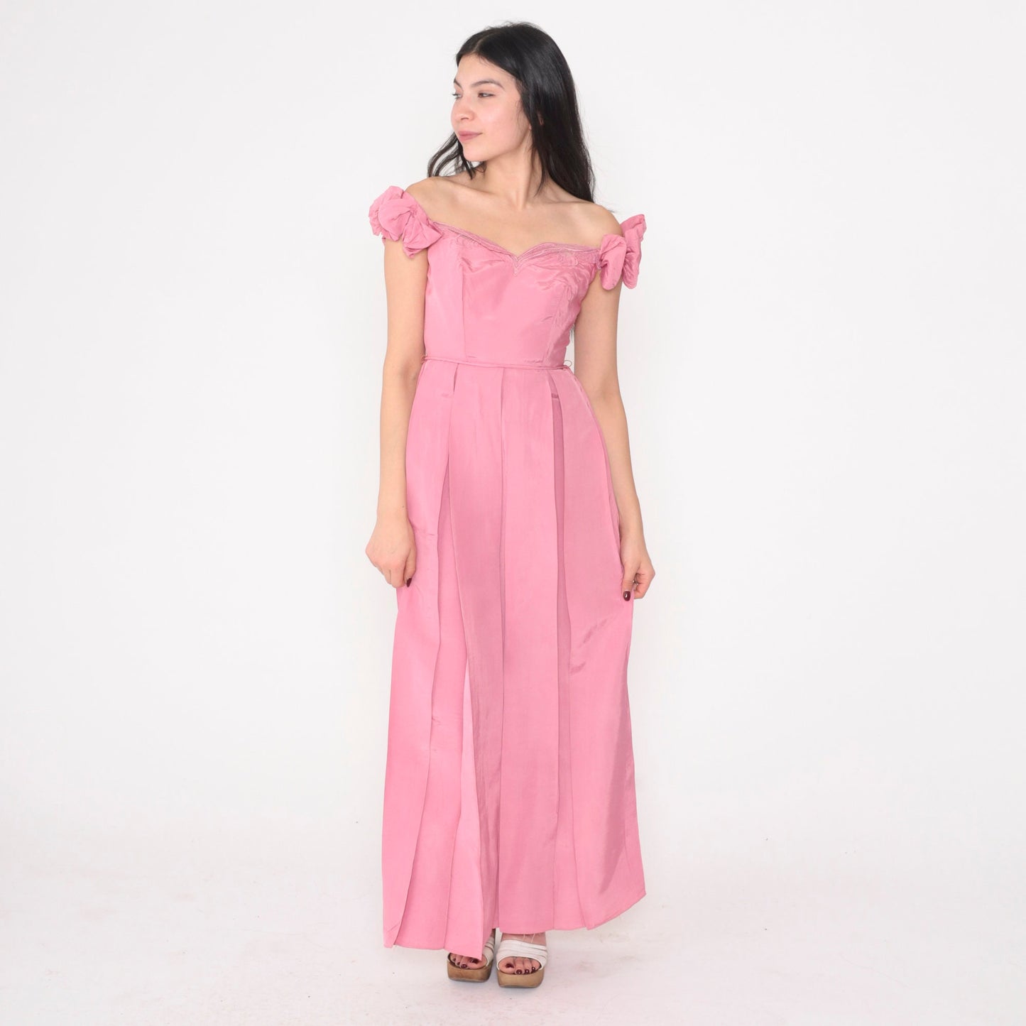 80s Pink Off-Shoulder Maxi Prom Dress Bow Sleeves Pleated Skirt Extra Small