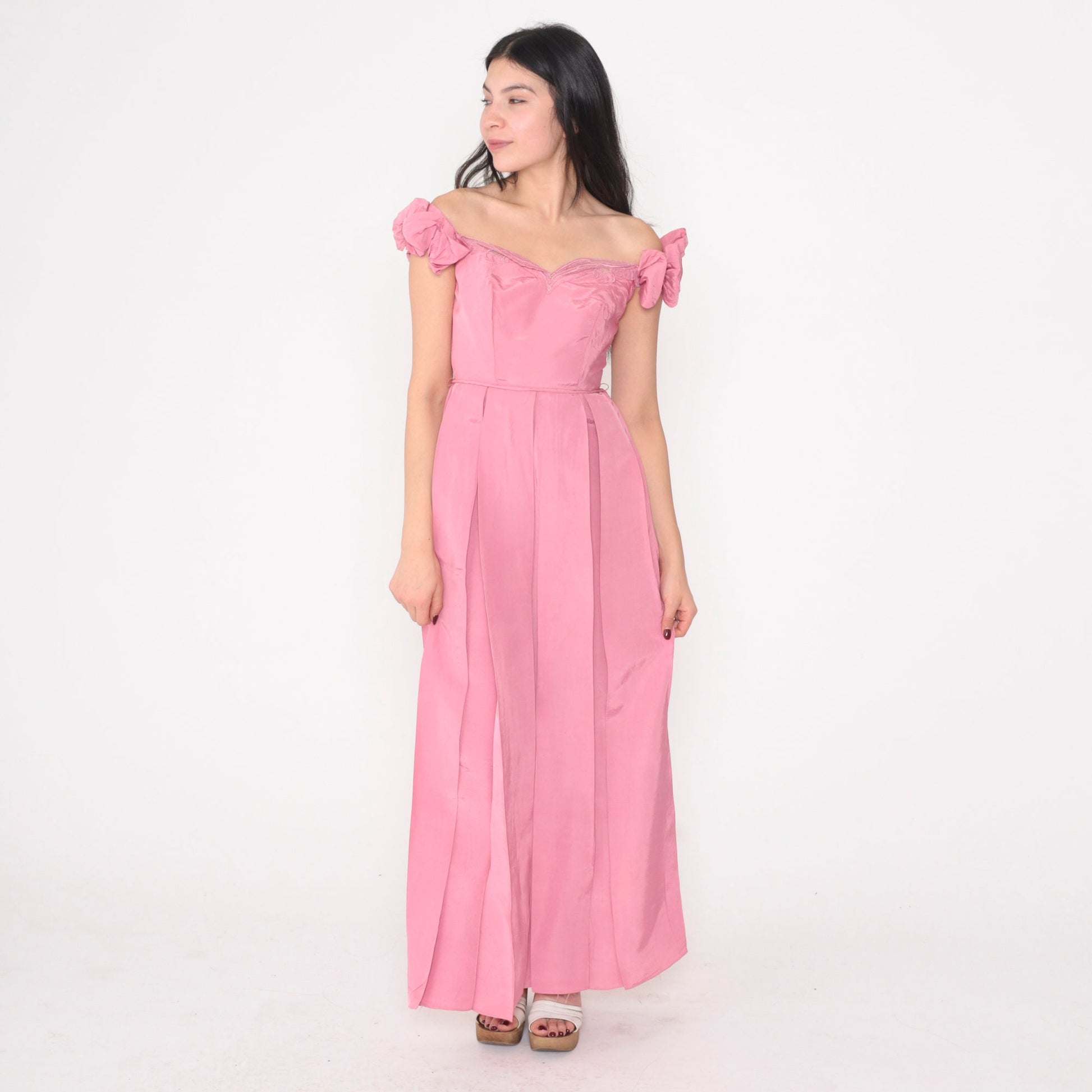 80s Pink Off-Shoulder Maxi Prom Dress Bow Sleeves Pleated Skirt Extra Small