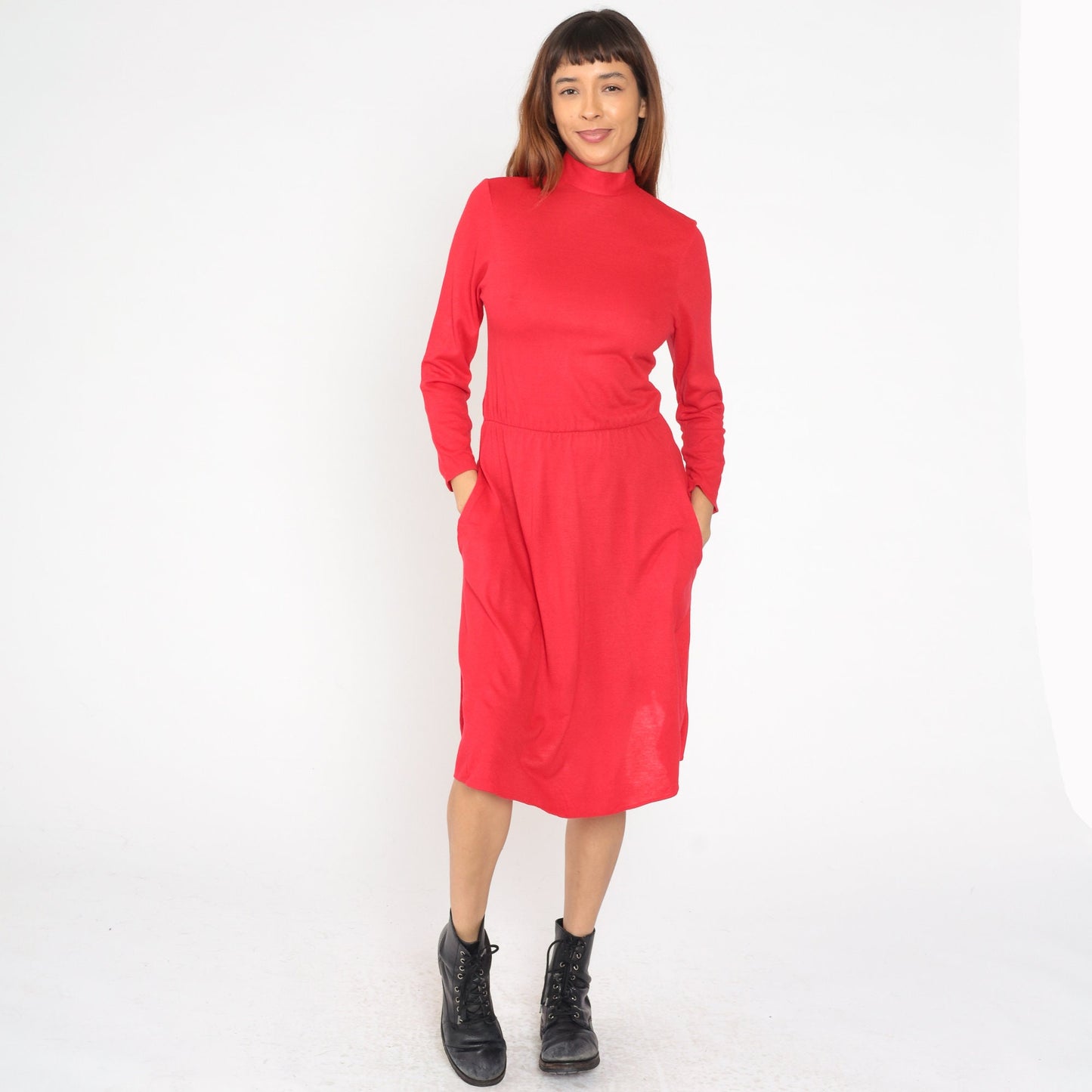 80s Red Acrylic Mock Neck Midi Dress Long Sleeve Pockets Small