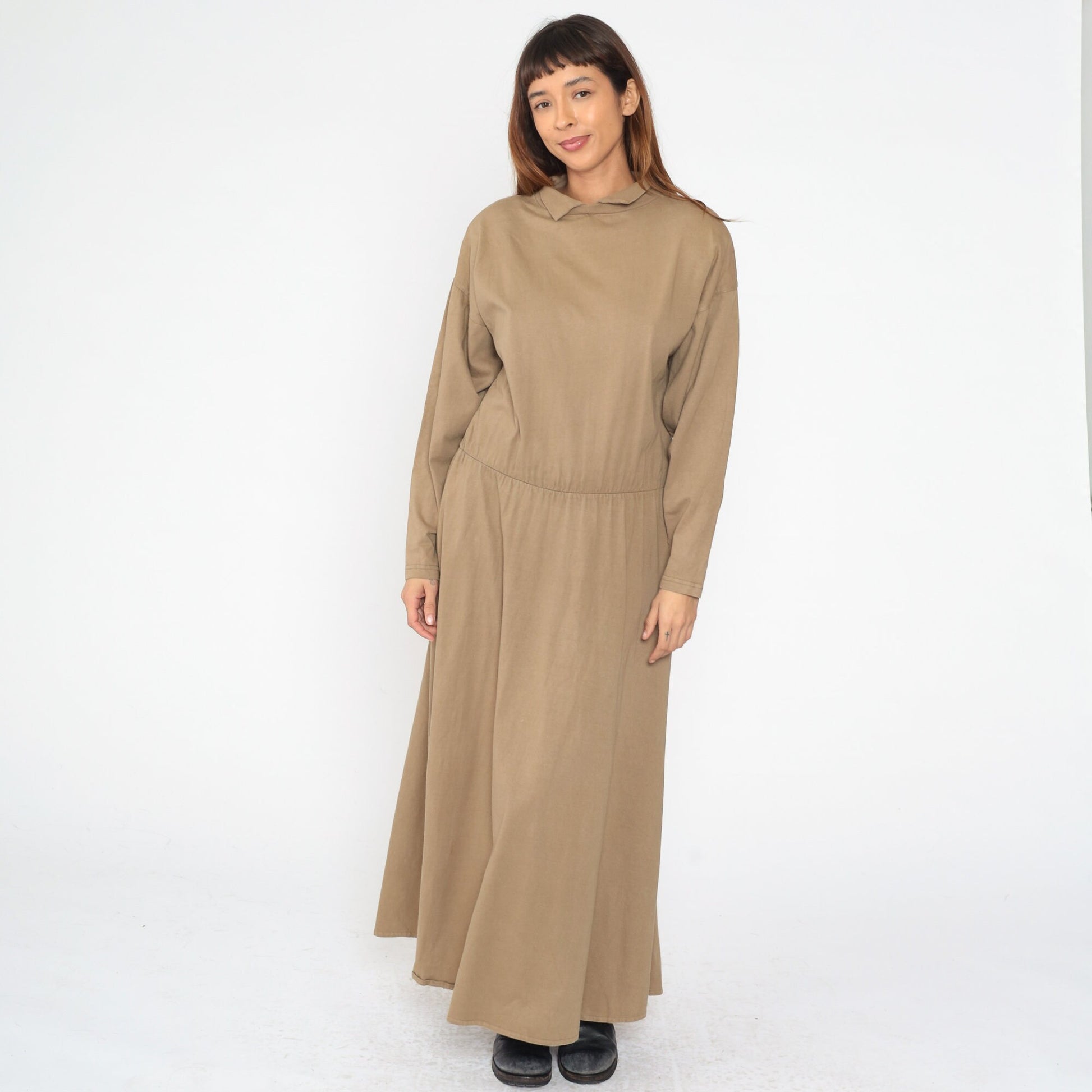 90s Brass Plum Khaki Cotton Maxi Dress Collared Long Sleeve Medium