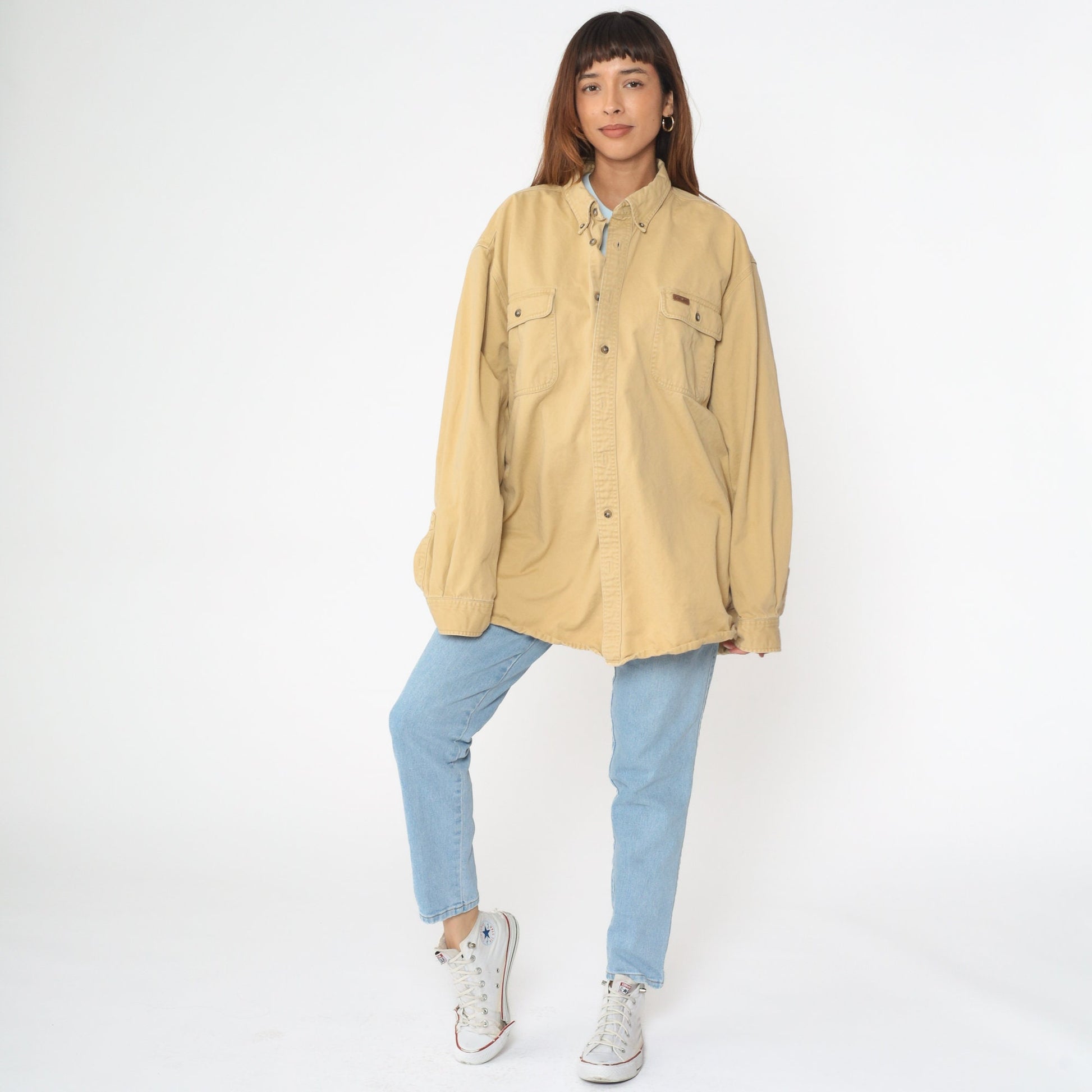 90s Carhartt Cotton Work Shirt Beige Button-Up Long Sleeve 2XL