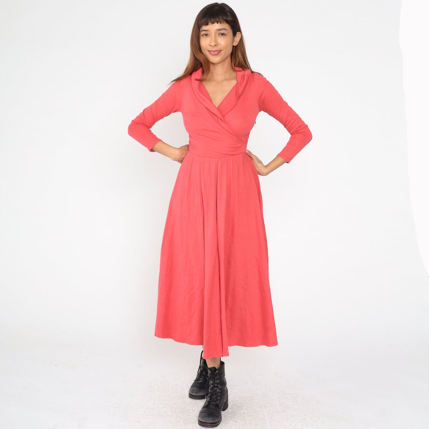 90s Coral Wrap Midi Dress Deep V Neck Long Sleeve High Waist Small S