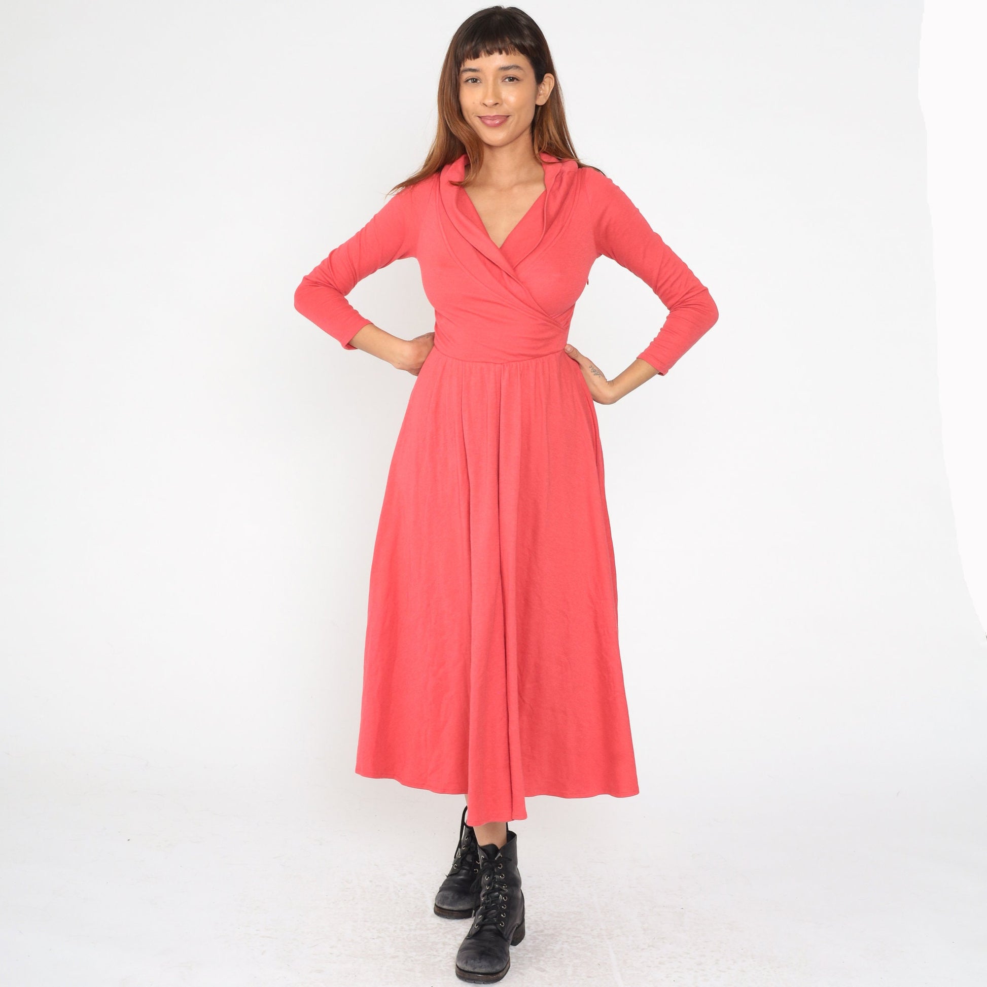 90s Coral Wrap Midi Dress Deep V Neck Long Sleeve High Waist Small S