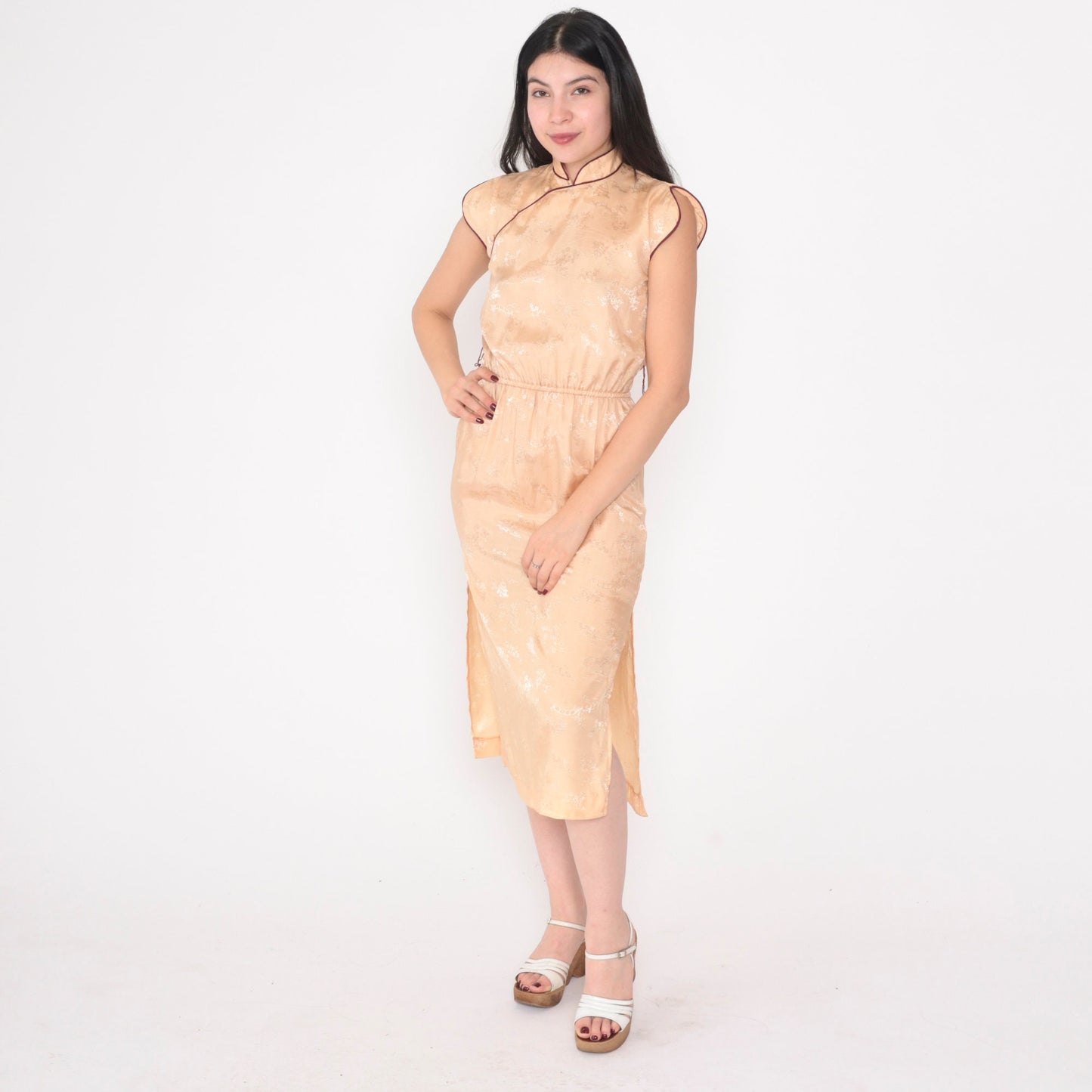 80s Peach Cheongsam Midi Dress Mandarin Collar Pagoda Print Small