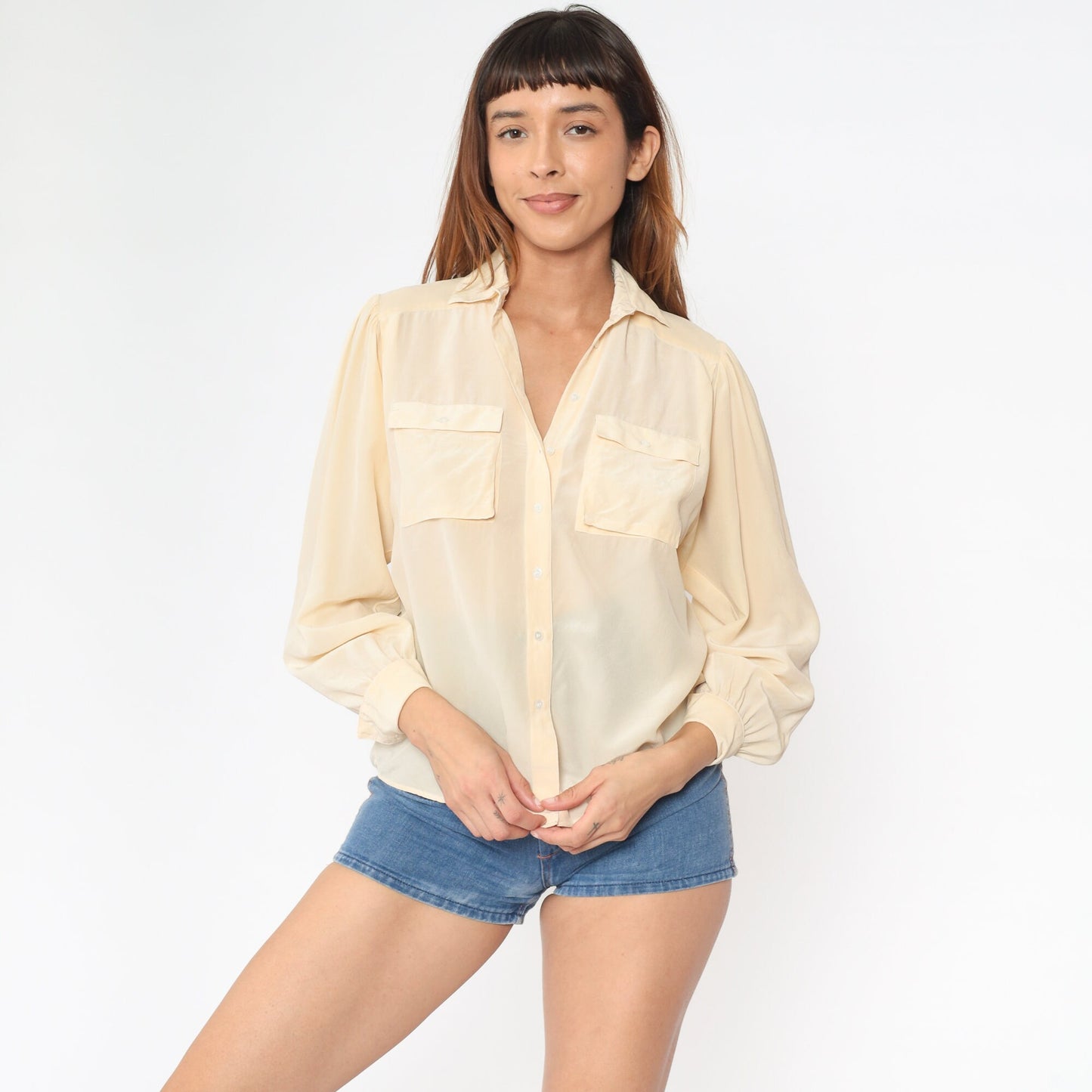 90s Liz Claiborne Cream Silk Button-Up Blouse Cargo Pockets Small