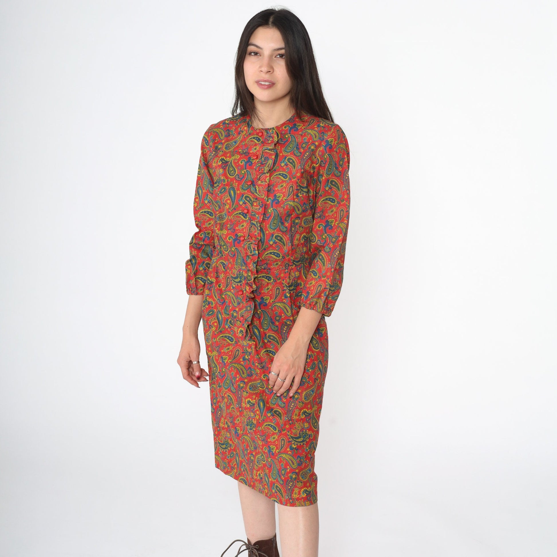 60s Paisley Button-Up Midi Dress Red Ruffle Front High Waist Small