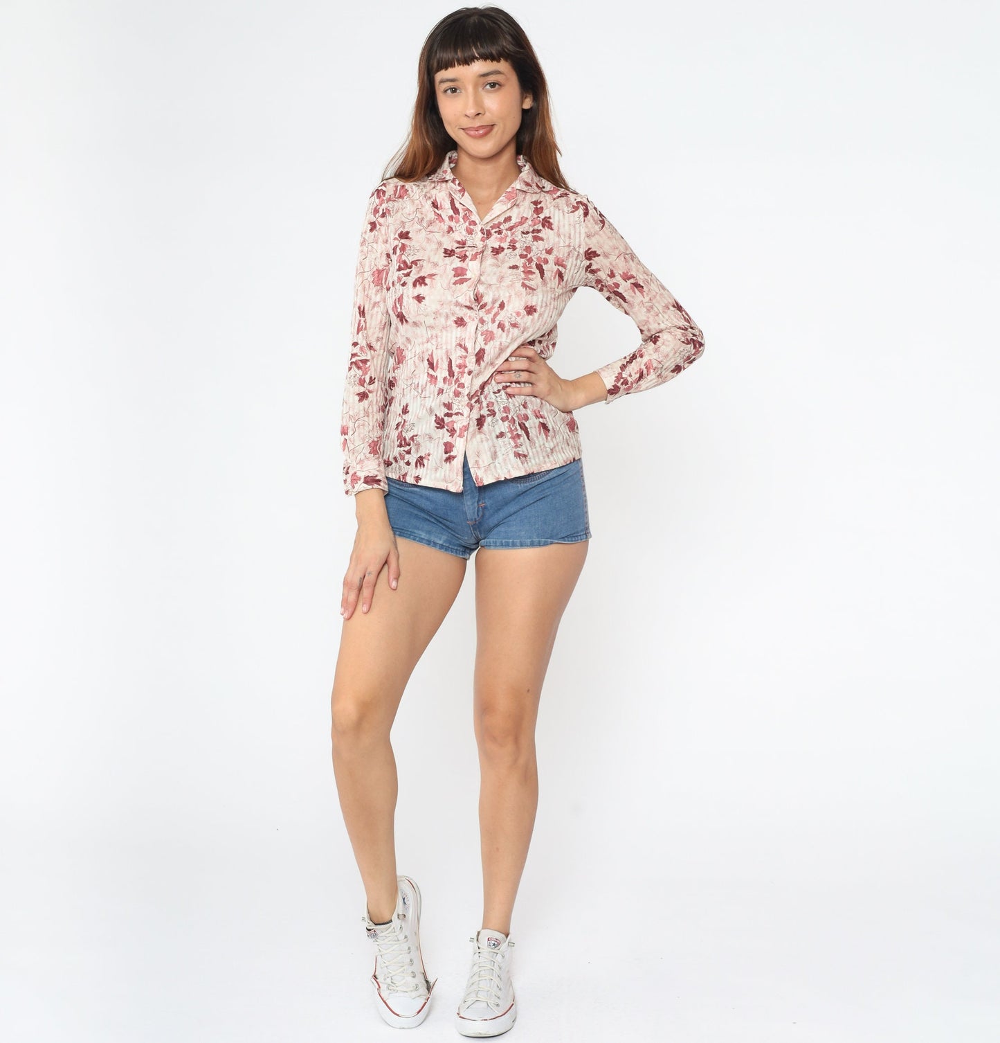 70s Leaf Print Button-Up Blouse Burgundy Pink Cream Long Sleeve Small