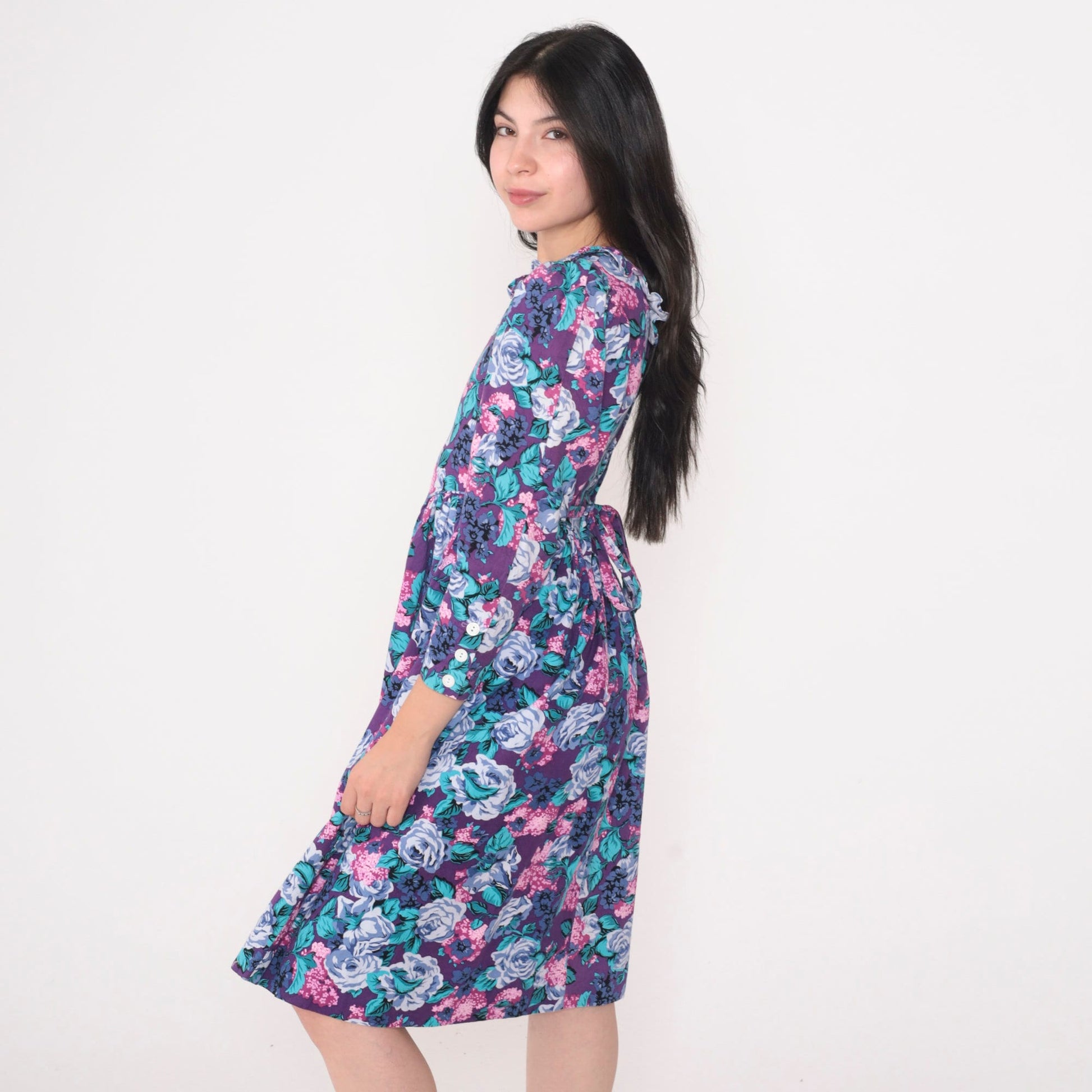 80s Purple Floral Midi Dress Puff Sleeve Basque Waist Ruffle Neckline XXS
