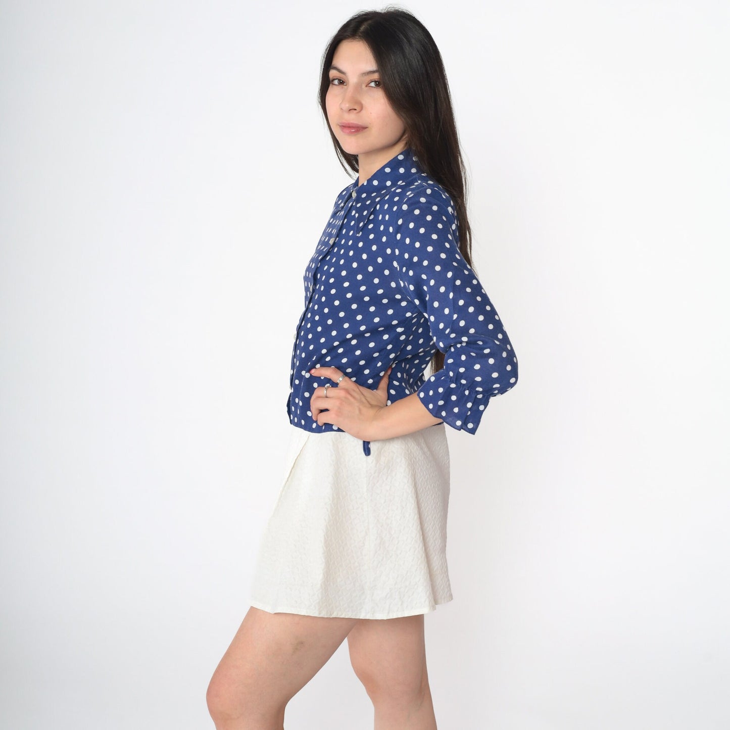 60s Mod Polka Dot Mini Dress Navy Blue Button-Up Dagger Collar Small S