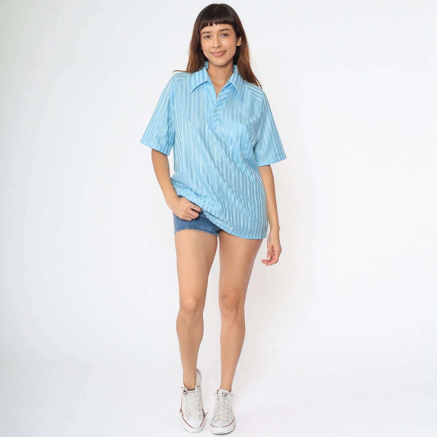 70s Lily Dache Baby Blue Striped Polo Shirt Men's Large L