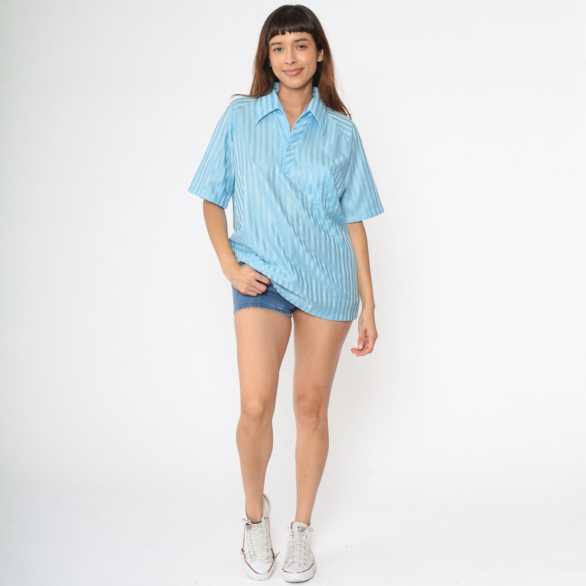 70s Lily Dache Baby Blue Striped Polo Shirt Men's Large L