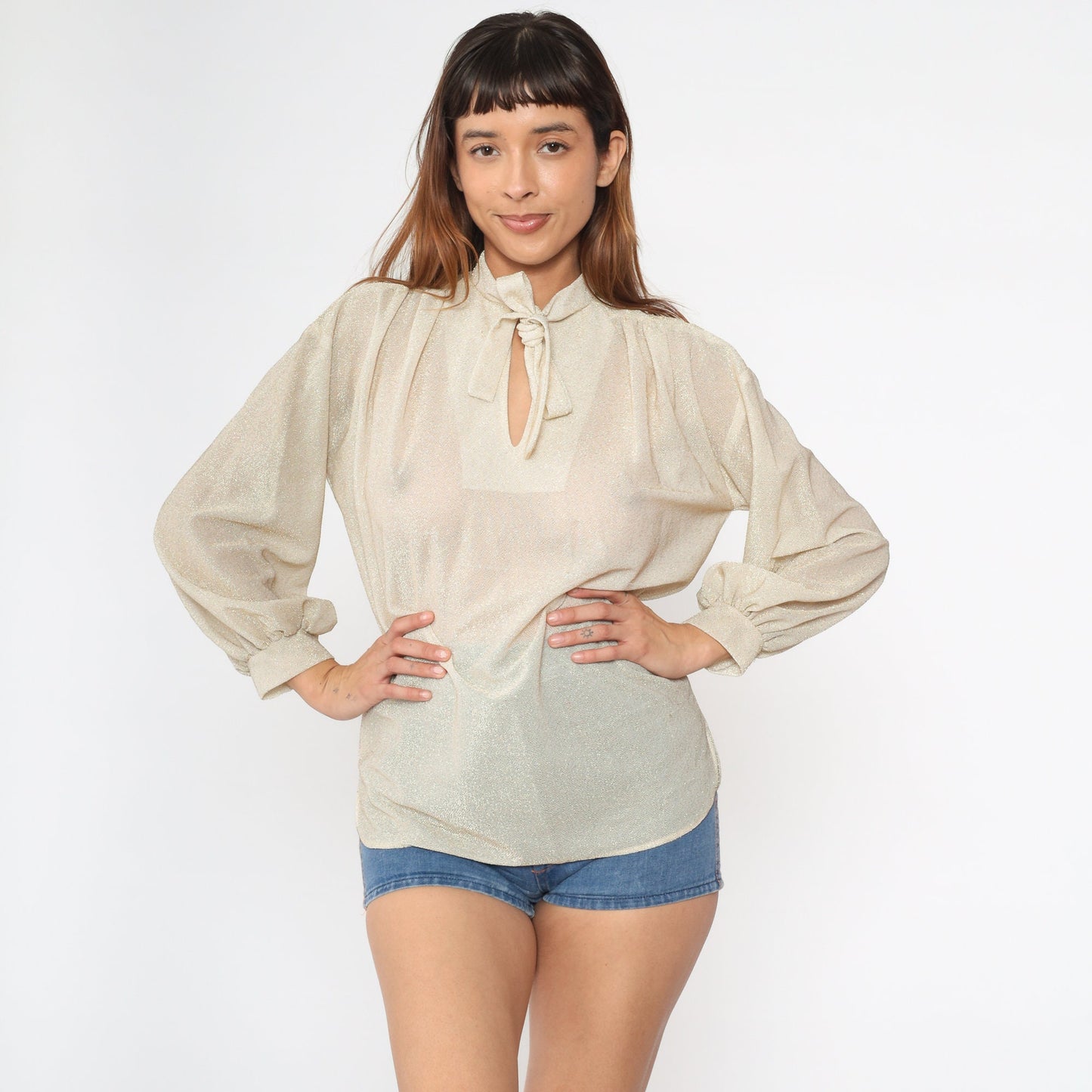 70s Metallic Gold Ascot Bow Blouse Cream Semi-Sheer Long Sleeve Medium