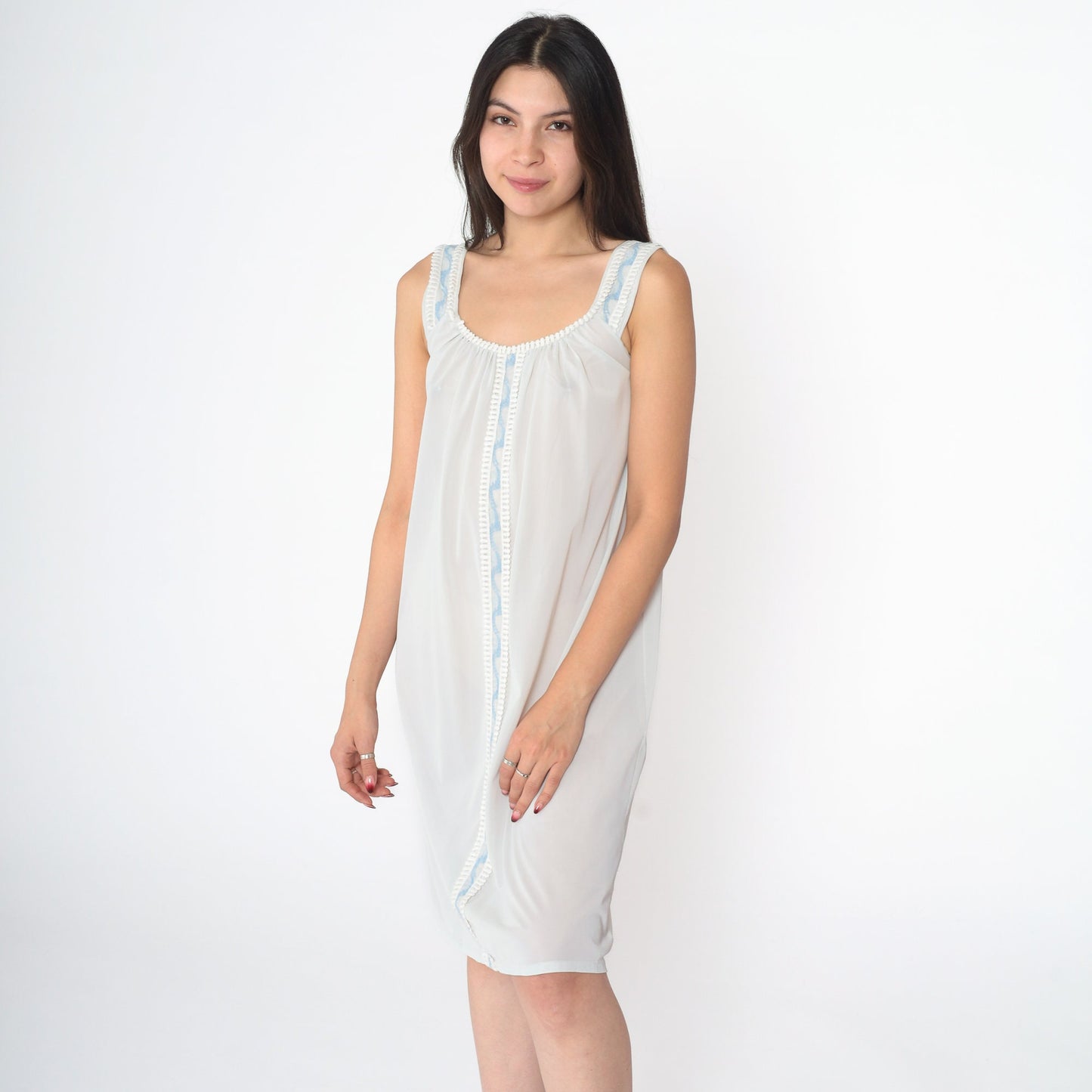 70s Baby Blue Nylon Nightgown Lace Embroidered Mini Slip Sleeveless Small