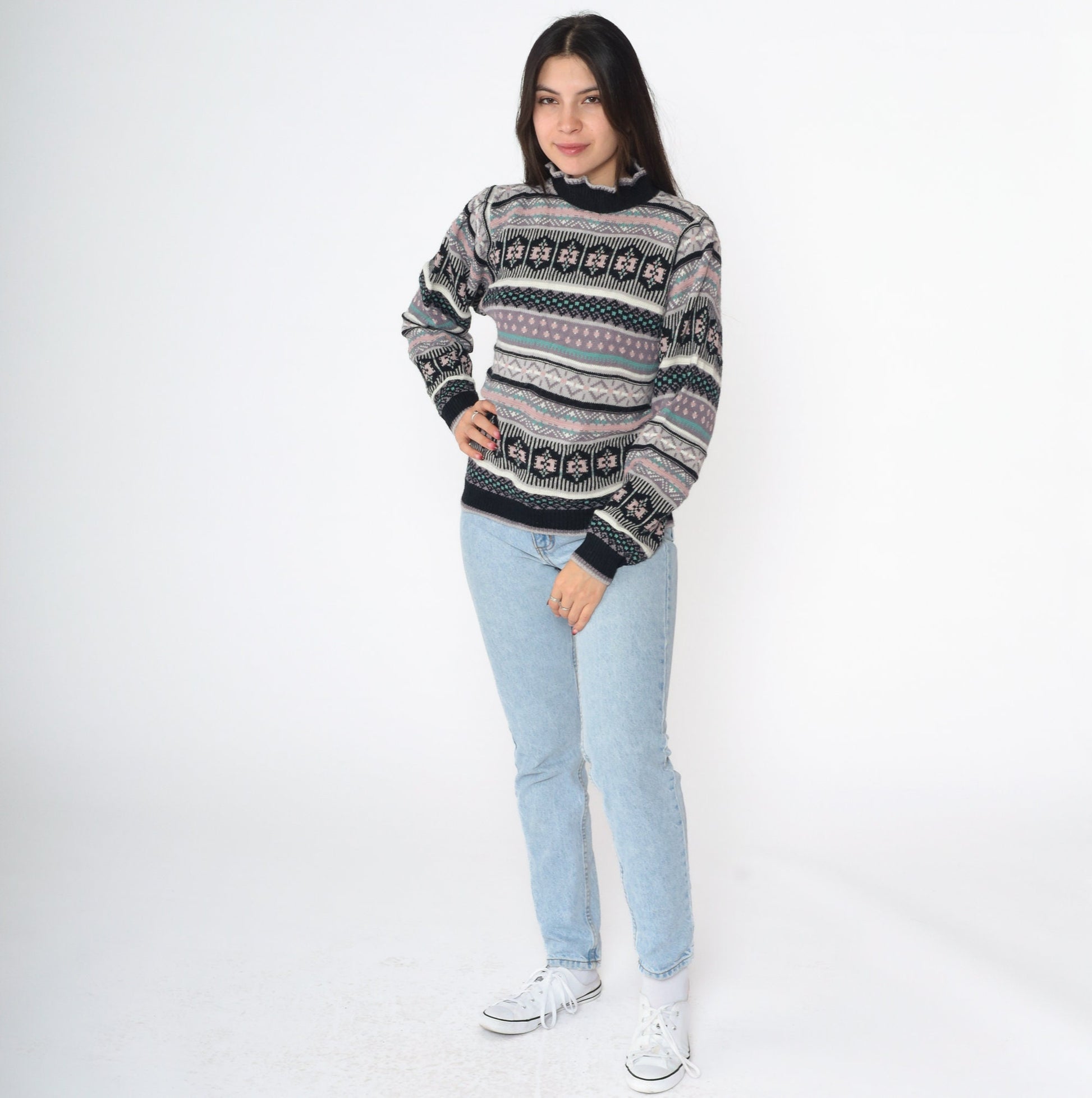 80s Black Geometric Puff Sleeve Sweater Funnel Neck Knit Small