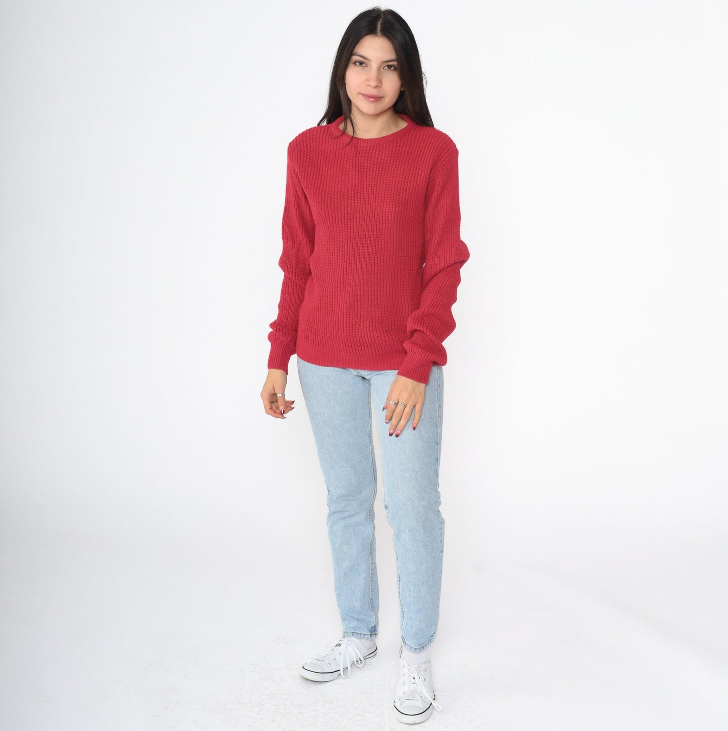90s Red Ribbed Knit Crewneck Sweater Acrylic Pullover Extra Small XS